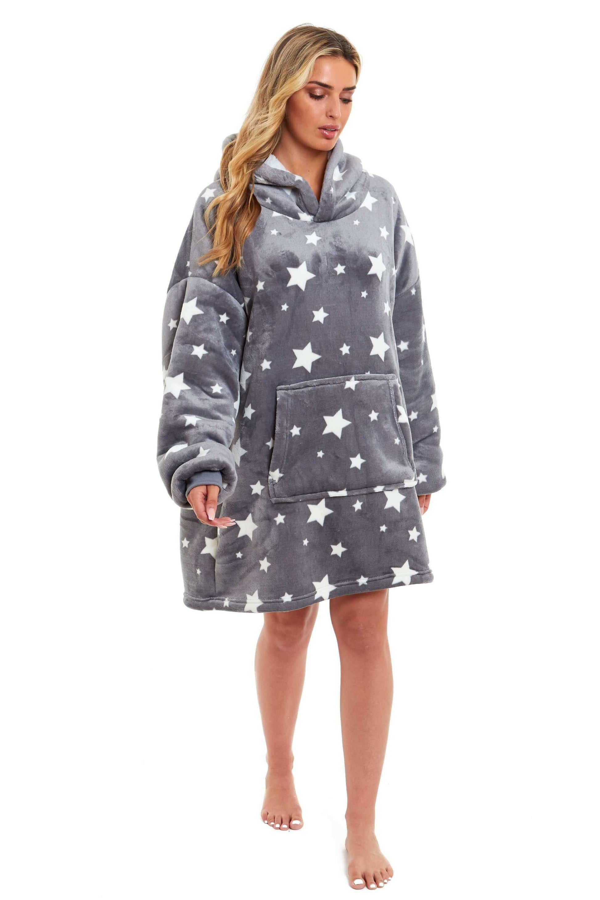 Oversized Grey Stars Hooded Blanket Ultra Soft Sherpa Fur Lining Plush Flannel Loungewear One Size Fits All for Adults and Kids by Daisy Dreamer. Buy now for £11.00.
