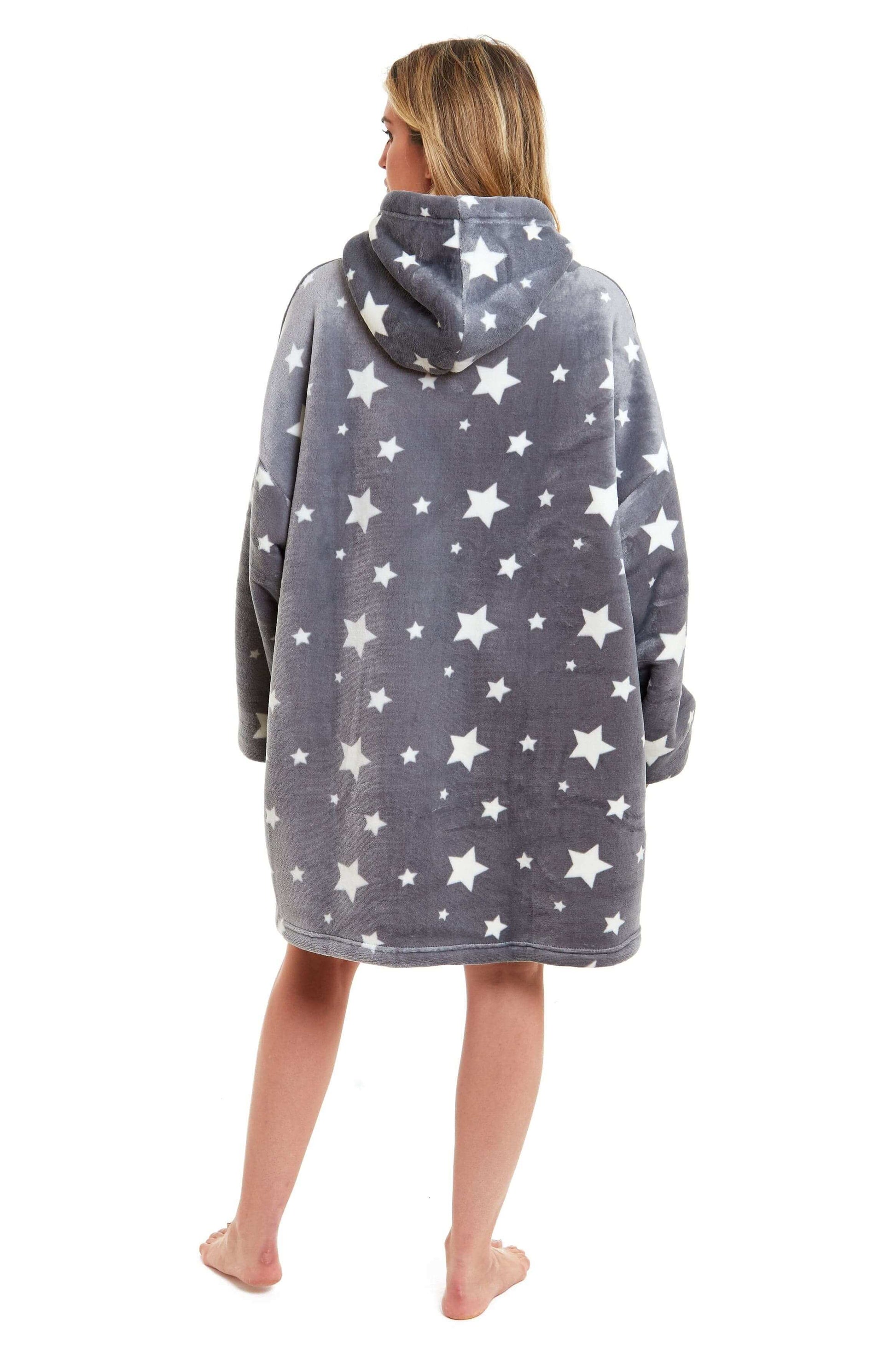 Oversized Grey Stars Hooded Blanket Ultra Soft Sherpa Fur Lining Plush Flannel Loungewear One Size Fits All for Adults and Kids by Daisy Dreamer. Buy now for £11.00.