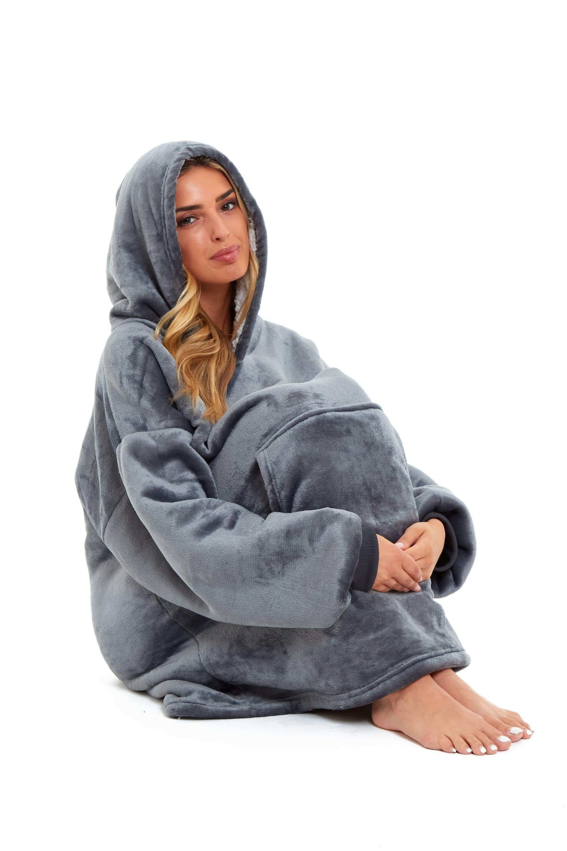 Oversized Hooded Blanket Sweatshirt Plush Sherpa Fur Grey Pink Giant Hoodie for Adults and Kids with Elastic Cuffs and Pocket by Daisy Dreamer. Buy now for £9.00.