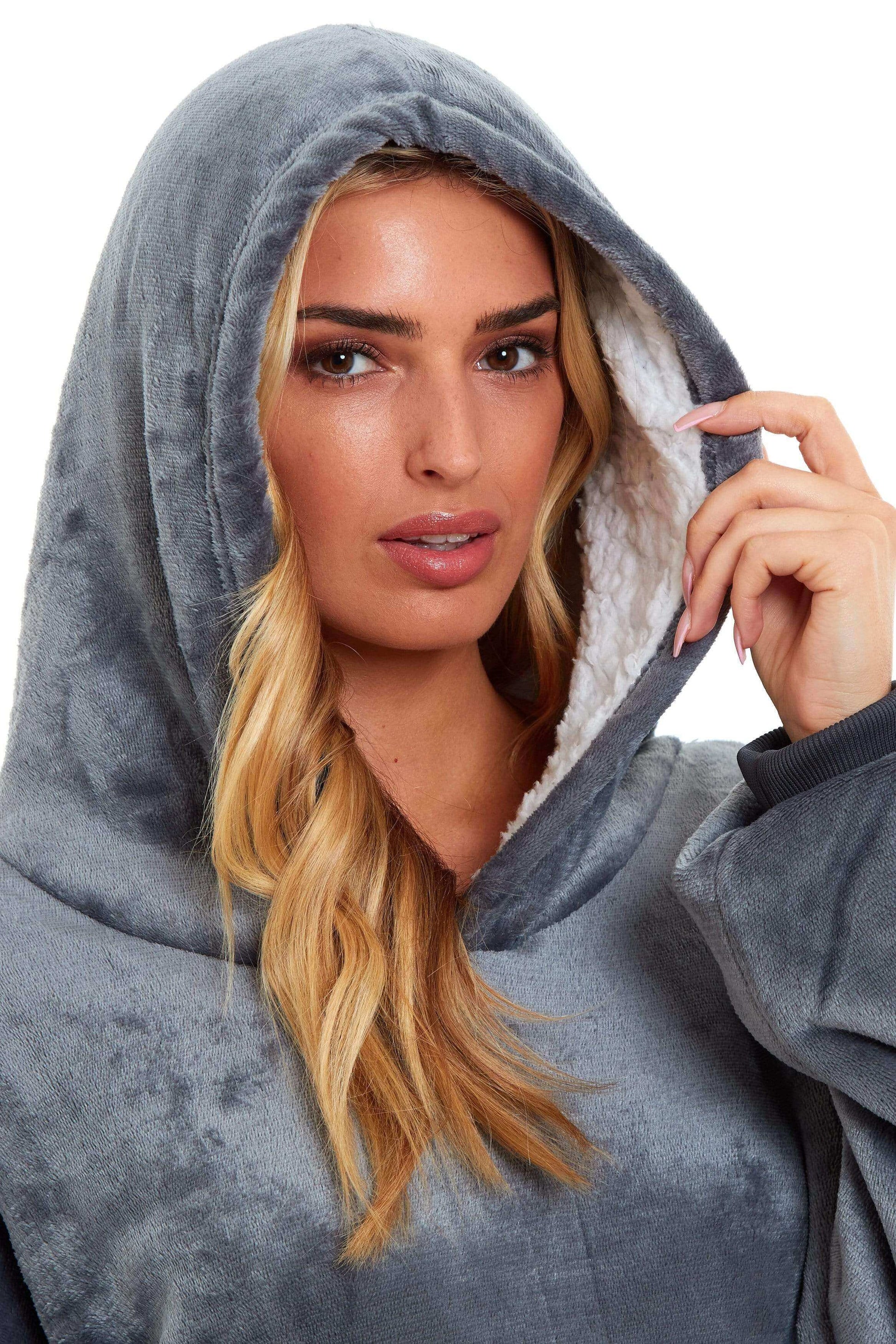 Oversized Hooded Blanket Sweatshirt Plush Sherpa Fur Grey Pink Giant Hoodie for Adults and Kids with Elastic Cuffs and Pocket by Daisy Dreamer. Buy now for £9.00.