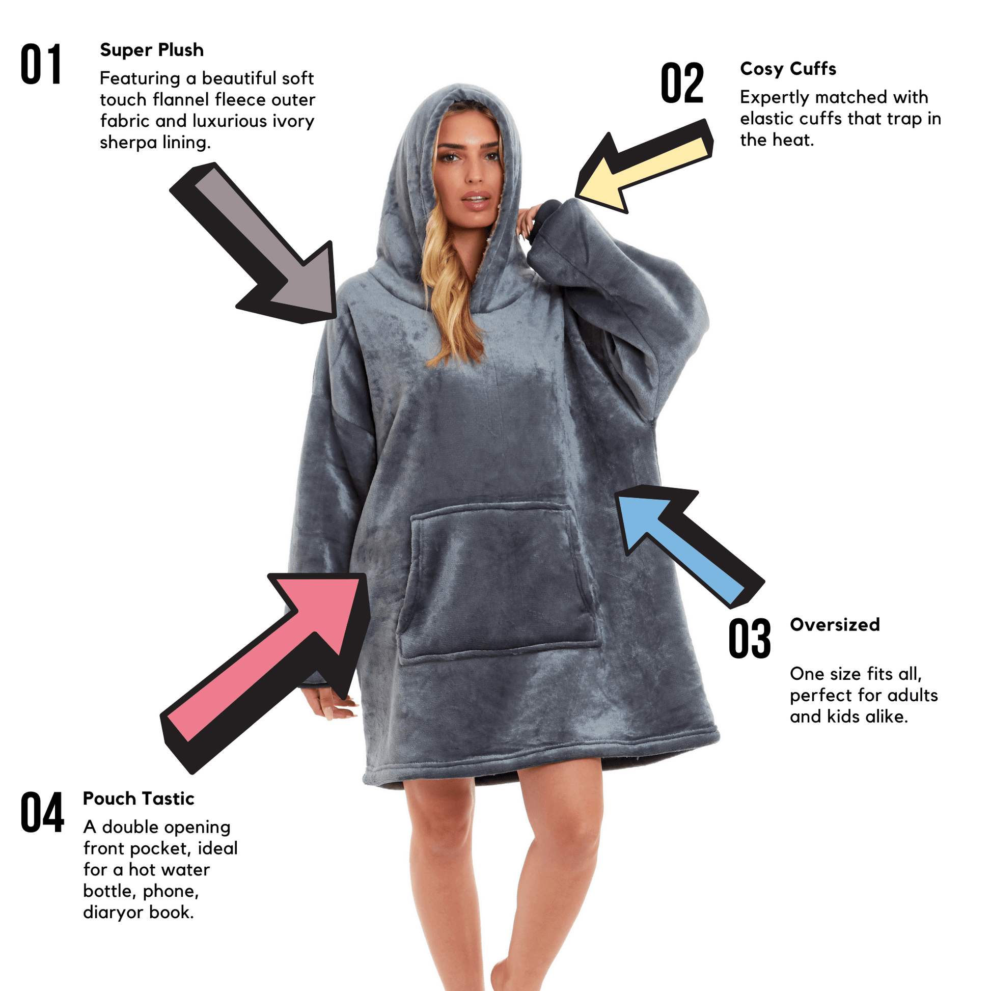 Oversized Hooded Blanket Sweatshirt Plush Sherpa Fur Grey Pink Giant Hoodie for Adults and Kids with Elastic Cuffs and Pocket by Daisy Dreamer. Buy now for £9.00.