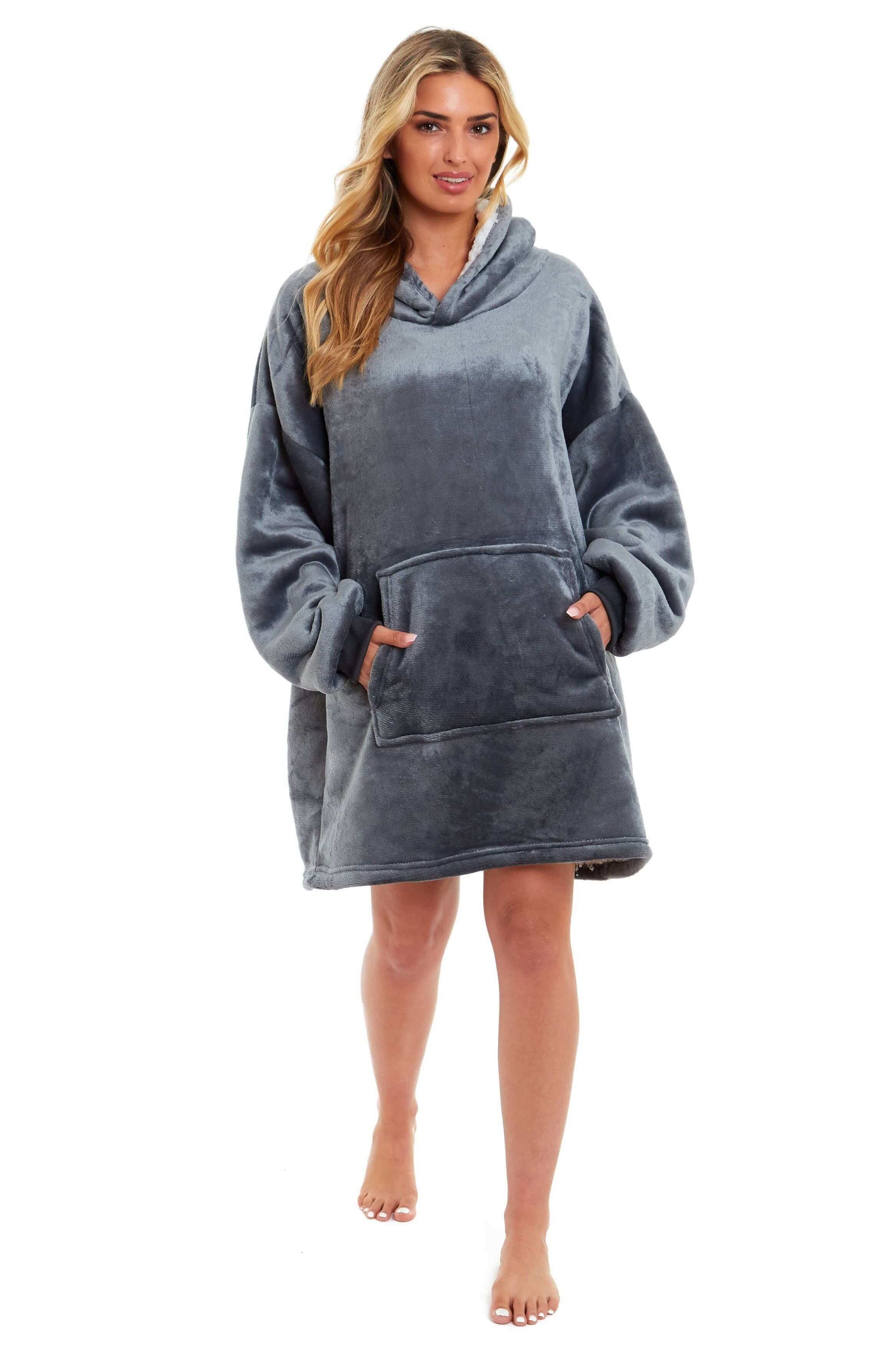 Oversized Hooded Blanket Sweatshirt Plush Sherpa Fur Grey Pink Giant Hoodie for Adults and Kids with Elastic Cuffs and Pocket by Daisy Dreamer. Buy now for £9.00.