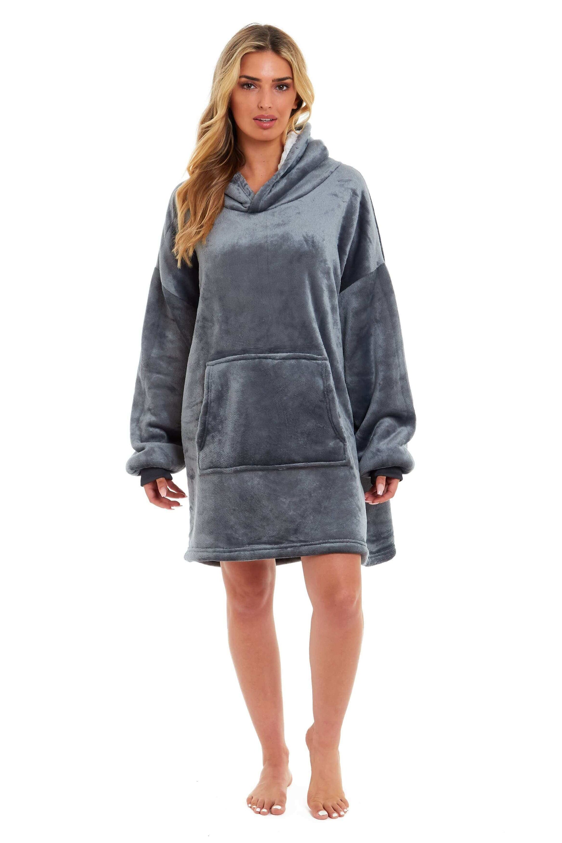 Oversized Hooded Blanket Sweatshirt Plush Sherpa Fur Grey Pink Giant Hoodie for Adults and Kids with Elastic Cuffs and Pocket by Daisy Dreamer. Buy now for £9.00.