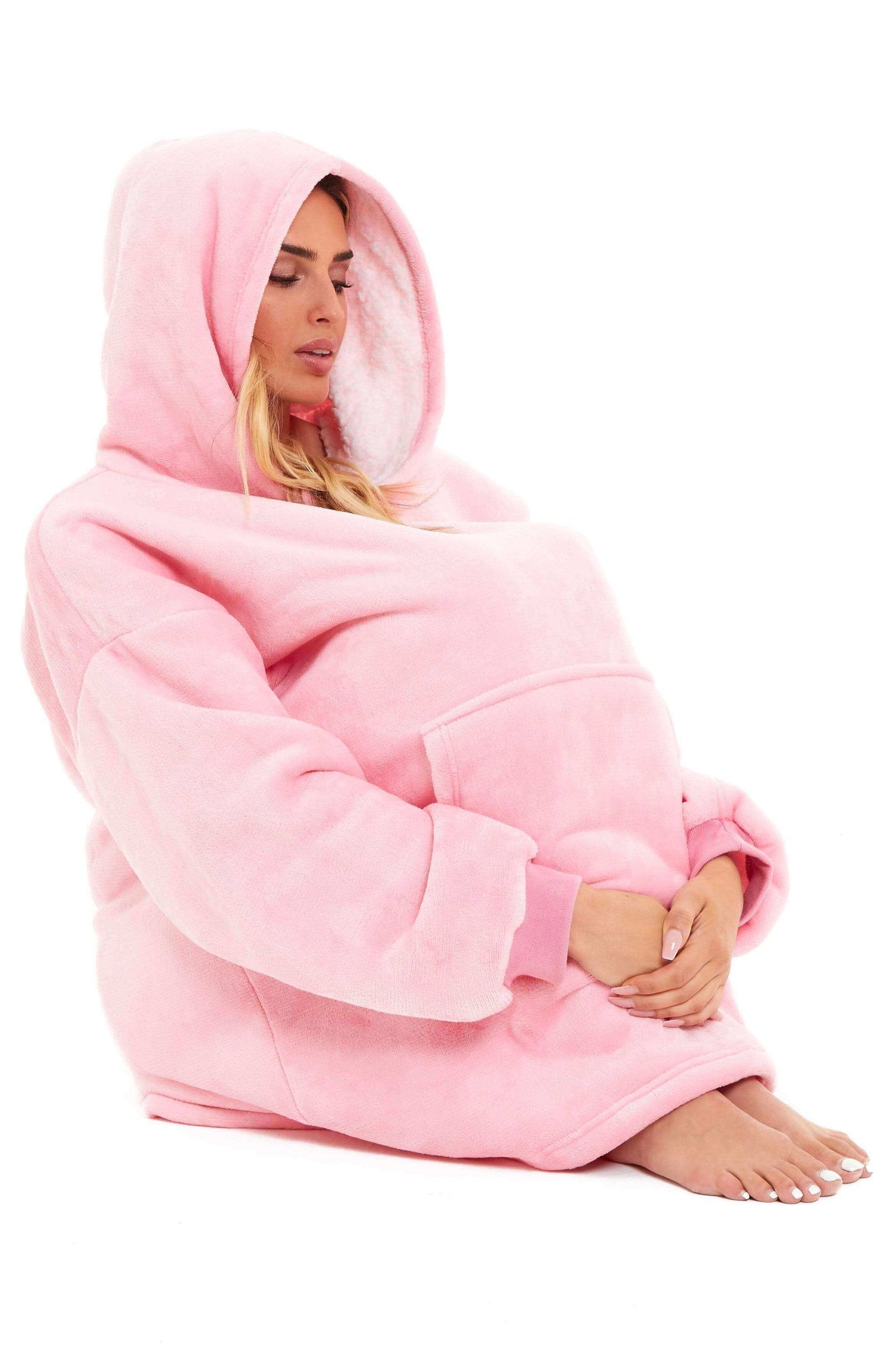 Oversized Hooded Blanket Sweatshirt Plush Sherpa Fur Grey Pink Giant Hoodie for Adults and Kids with Elastic Cuffs and Pocket by Daisy Dreamer. Buy now for £9.00.
