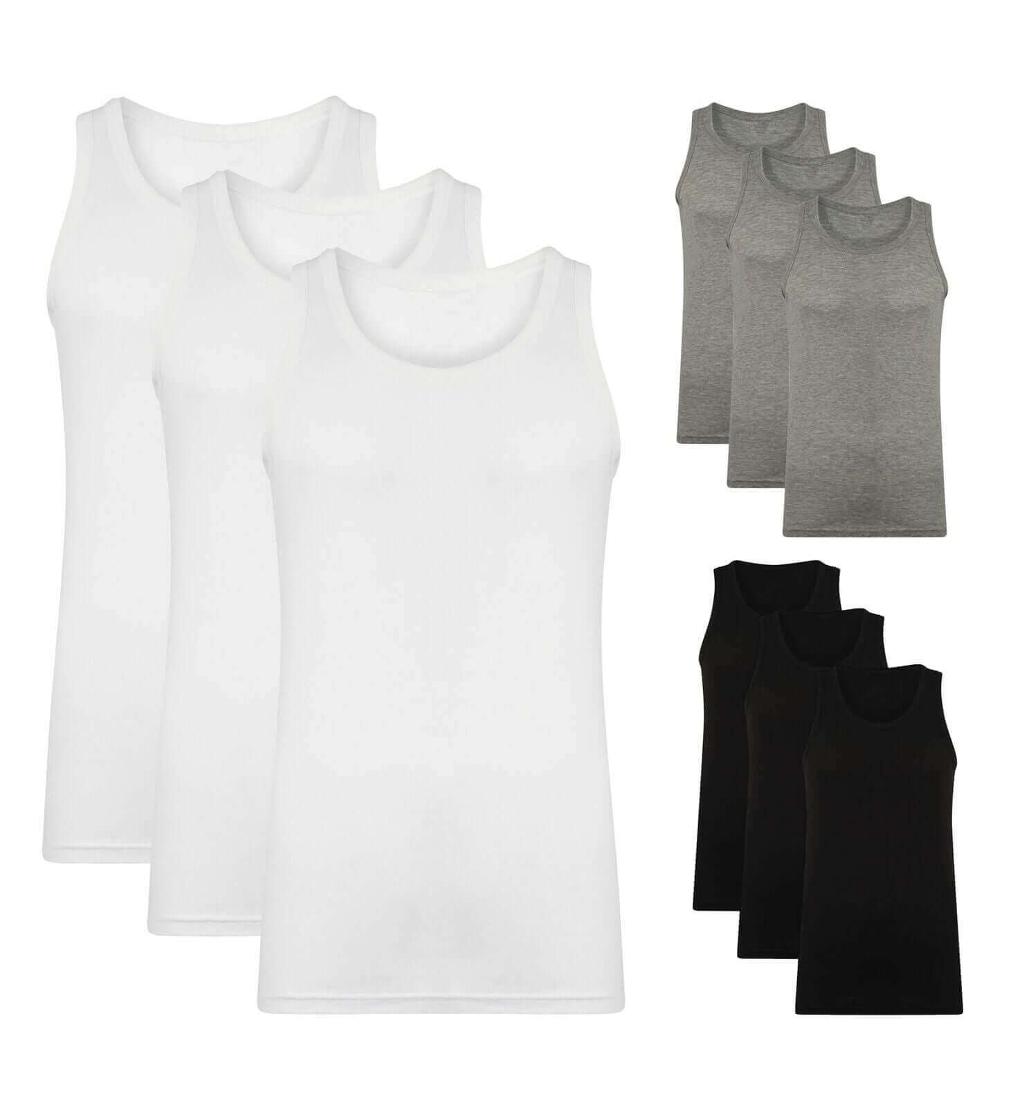 Pack of 3 Mens Fitted Cotton Vests Comfortable Versatile Breathable Hypoallergenic in White Black Grey Ideal for Layering All Seasons by Sock Stack. Buy now for £7.00.