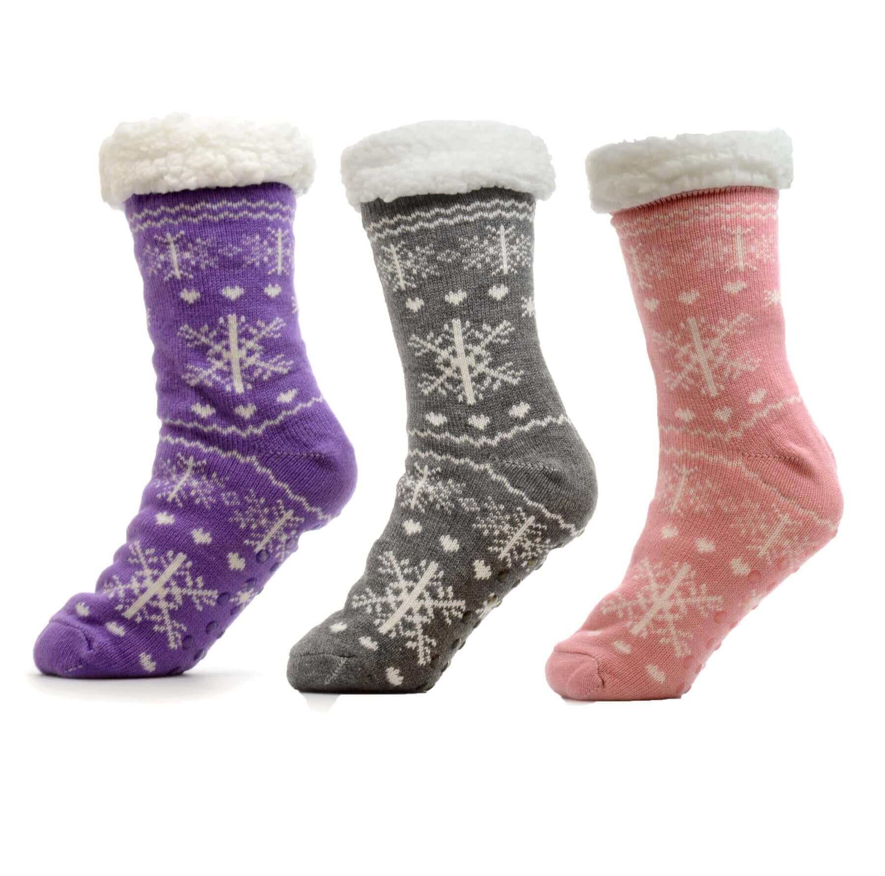 Pack of 3 Pairs Womens Chunky Knit Slipper Socks Tall Sherpa Fleece Fur Lined Non Slip Grips Warm Winter Home Lounging UK Sizes 4-7 Assorted Colors by Sock Stack. Buy now for £20.00.