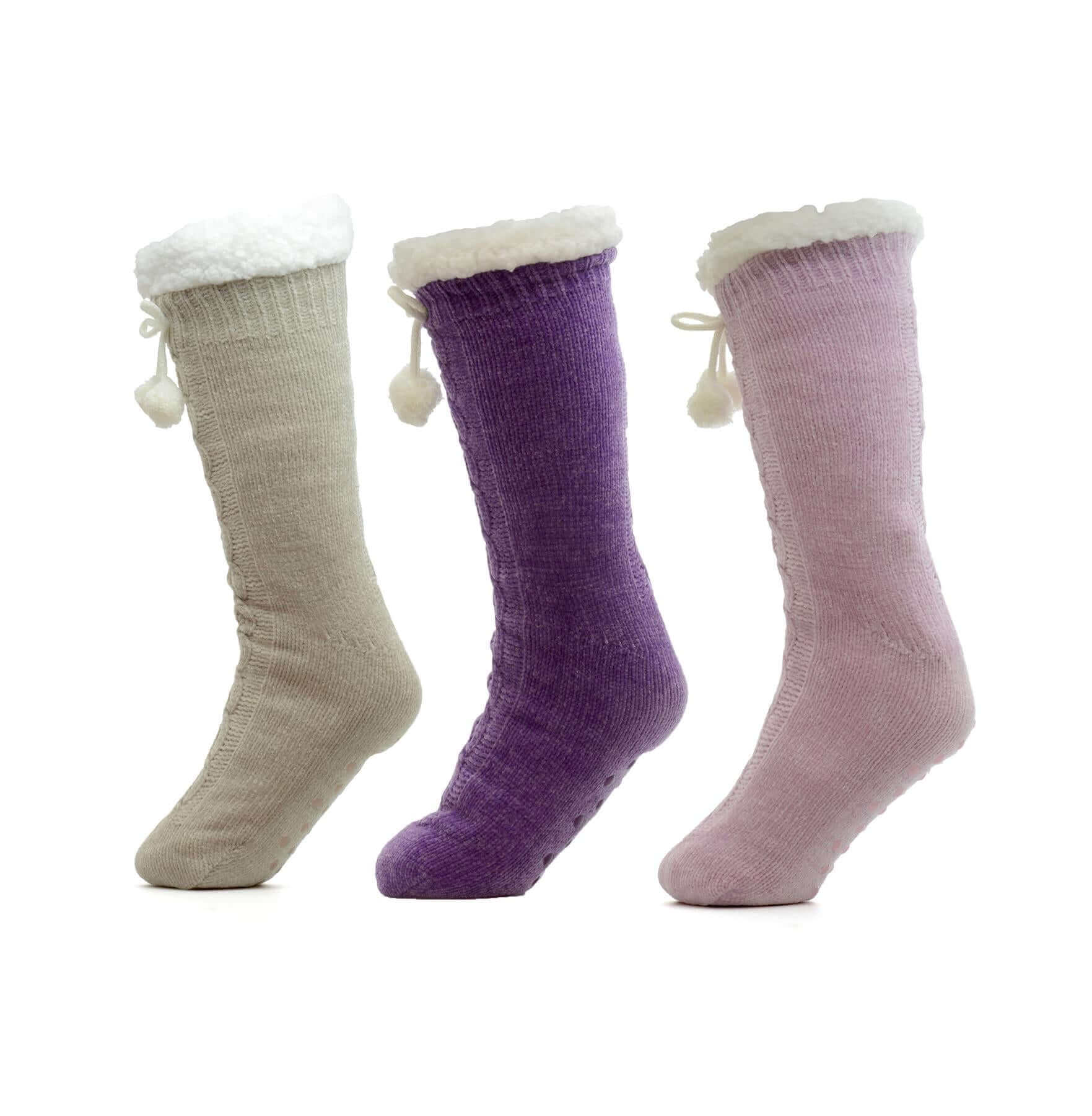 Pack of 3 Pairs Womens Chunky Knit Slipper Socks Tall Sherpa Fleece Fur Lined Non Slip Grips Warm Winter Home Lounging UK Sizes 4-7 Assorted Colors by Sock Stack. Buy now for £20.00.