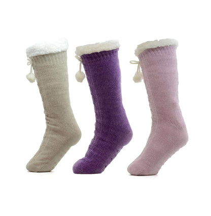 Pack of 3 Pairs Womens Chunky Knit Slipper Socks Tall Sherpa Fleece Fur Lined Non Slip Grips Warm Winter Home Lounging UK Sizes 4-7 Assorted Colors by Sock Stack. Buy now for £20.00.