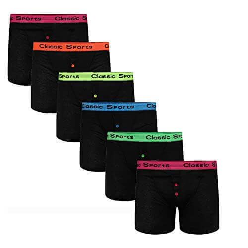 Pack of 6 Boys Boxer Shorts Cotton Blend with Neon Waistbands Comfortable Breathable Stretchy Underwear Sizes 5-13 Years Classic Trunk Style by Sock Stack. Buy now for £9.00.