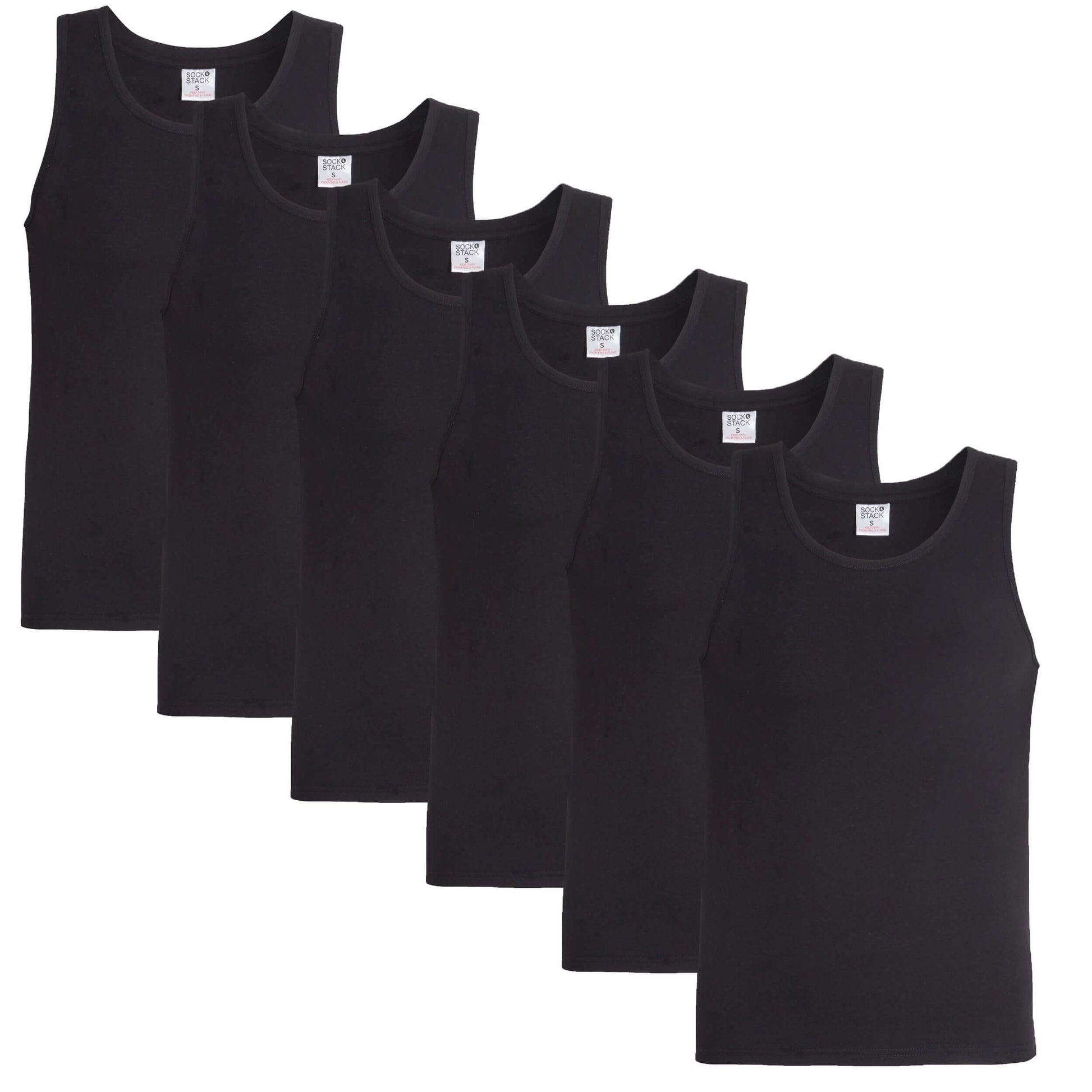 Pack of 6 Men's Cotton Blend Gym Muscle Vests Fitted Lightweight Comfortable Breathable Summer Wear Sizes S to XXL Available in Black Grey Navy White by Sock Stack. Buy now for £10.00.