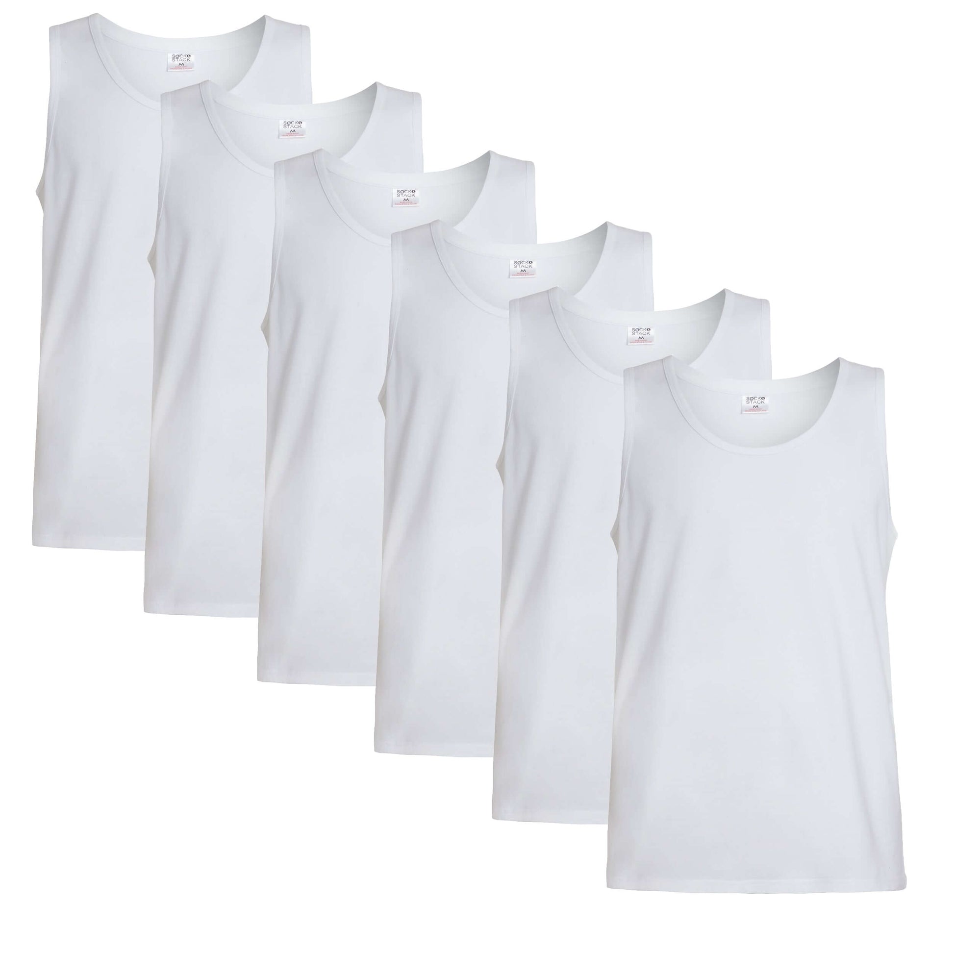 Pack of 6 Men's Cotton Blend Gym Muscle Vests Fitted Lightweight Comfortable Breathable Summer Wear Sizes S to XXL Available in Black Grey Navy White by Sock Stack. Buy now for £10.00.