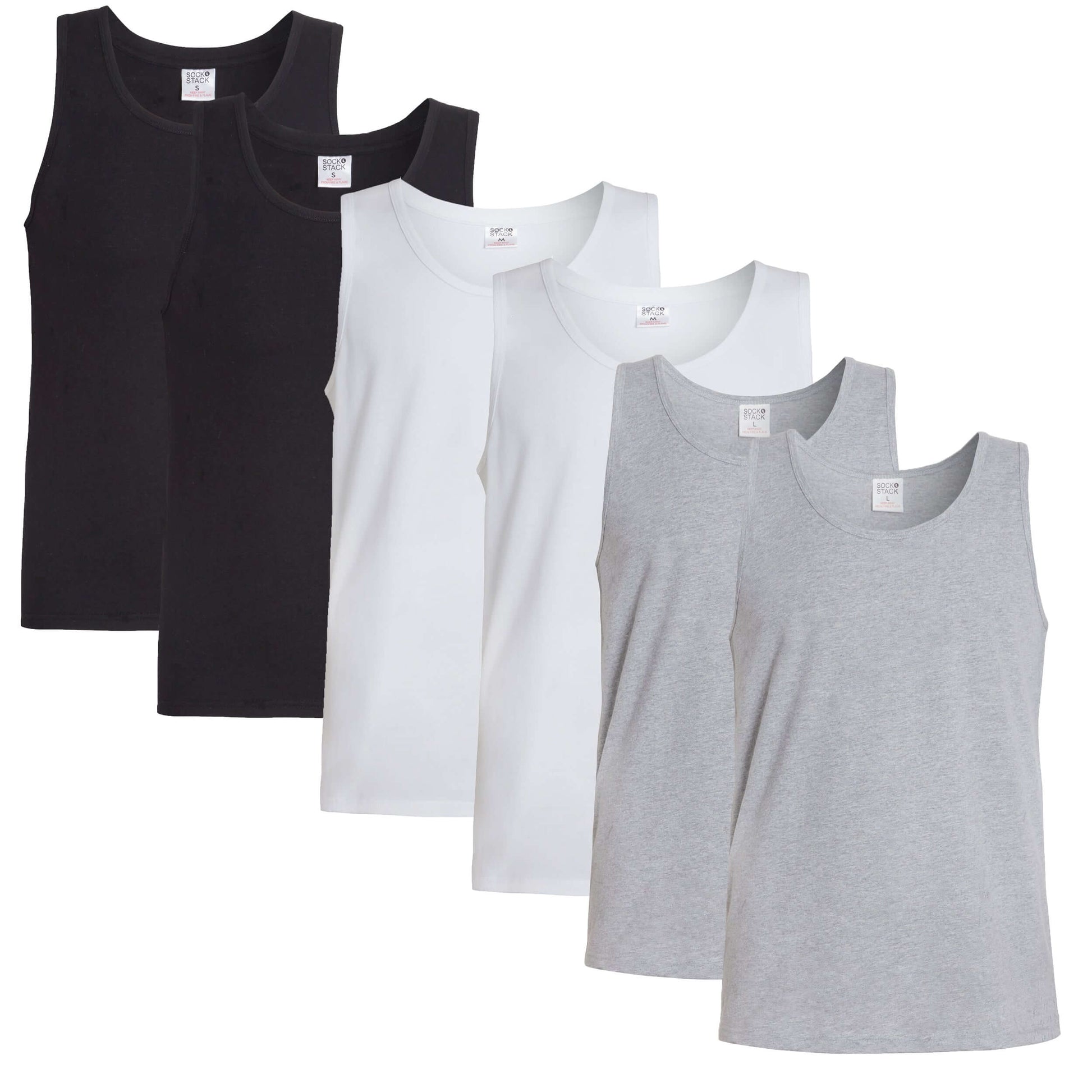 Pack of 6 Men's Cotton Blend Gym Muscle Vests Fitted Lightweight Comfortable Breathable Summer Wear Sizes S to XXL Available in Black Grey Navy White by Sock Stack. Buy now for £10.00.