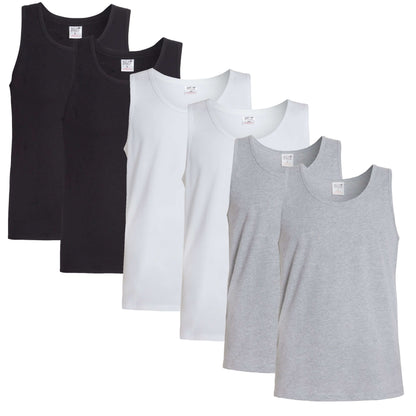 Pack of 6 Men's Cotton Blend Gym Muscle Vests Fitted Lightweight Comfortable Breathable Summer Wear Sizes S to XXL Available in Black Grey Navy White by Sock Stack. Buy now for £10.00.
