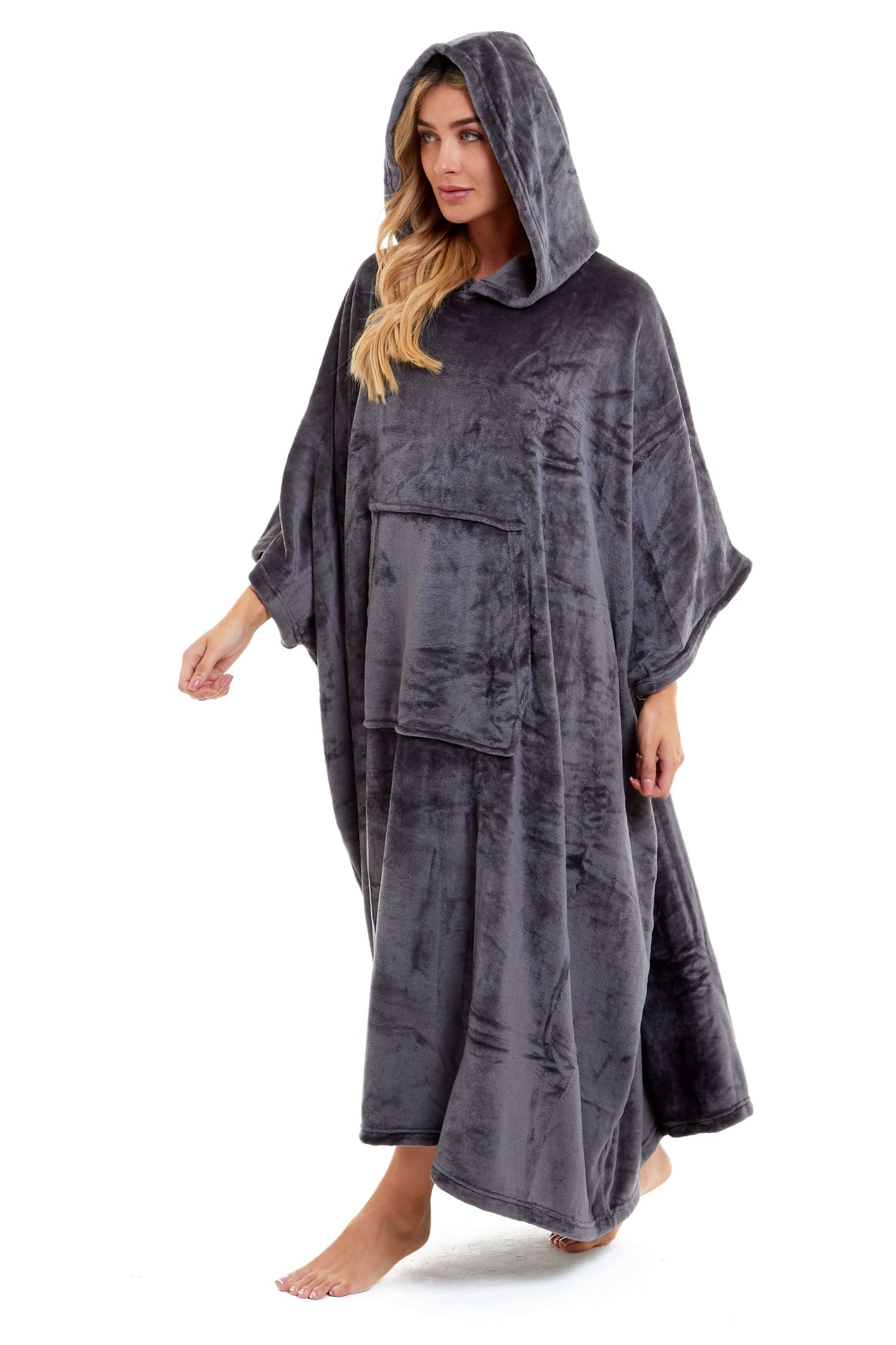 Women's Oversized Hooded Poncho Blanket, Navy & Charcoal. Buy now for £20.00. A Hooded Blanket by Daisy Dreamer. charcoal, clothing, comfortable, cosy, designer, dressing, flannel, fleece, fluffy, formal wear, girls, hooded, hooded blanket, hooded robe, h