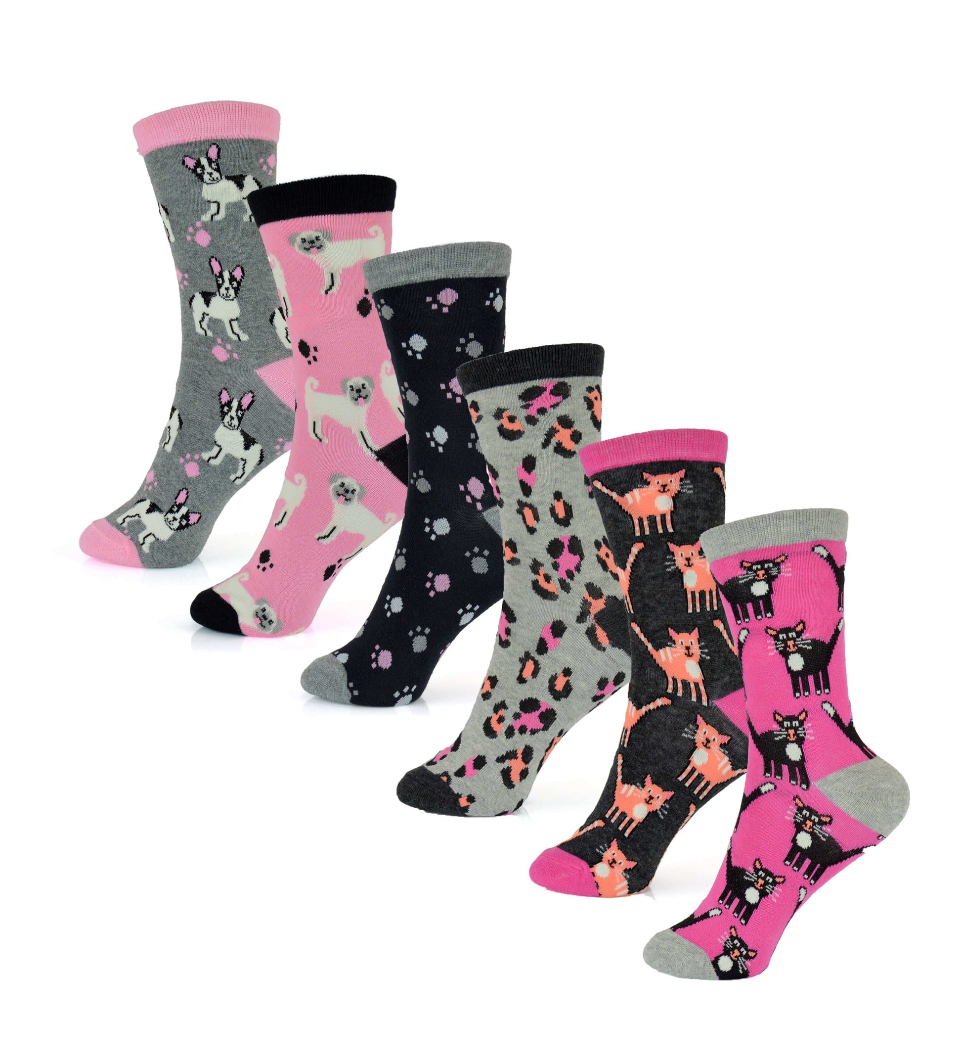 6 Pairs Women's Cotton Rich Socks Fun Designs Stripes Dots Leopard Fox Dog Cat Prints UK 4-7 Breathable Durable by Sock Stack. Buy now for £8.00.