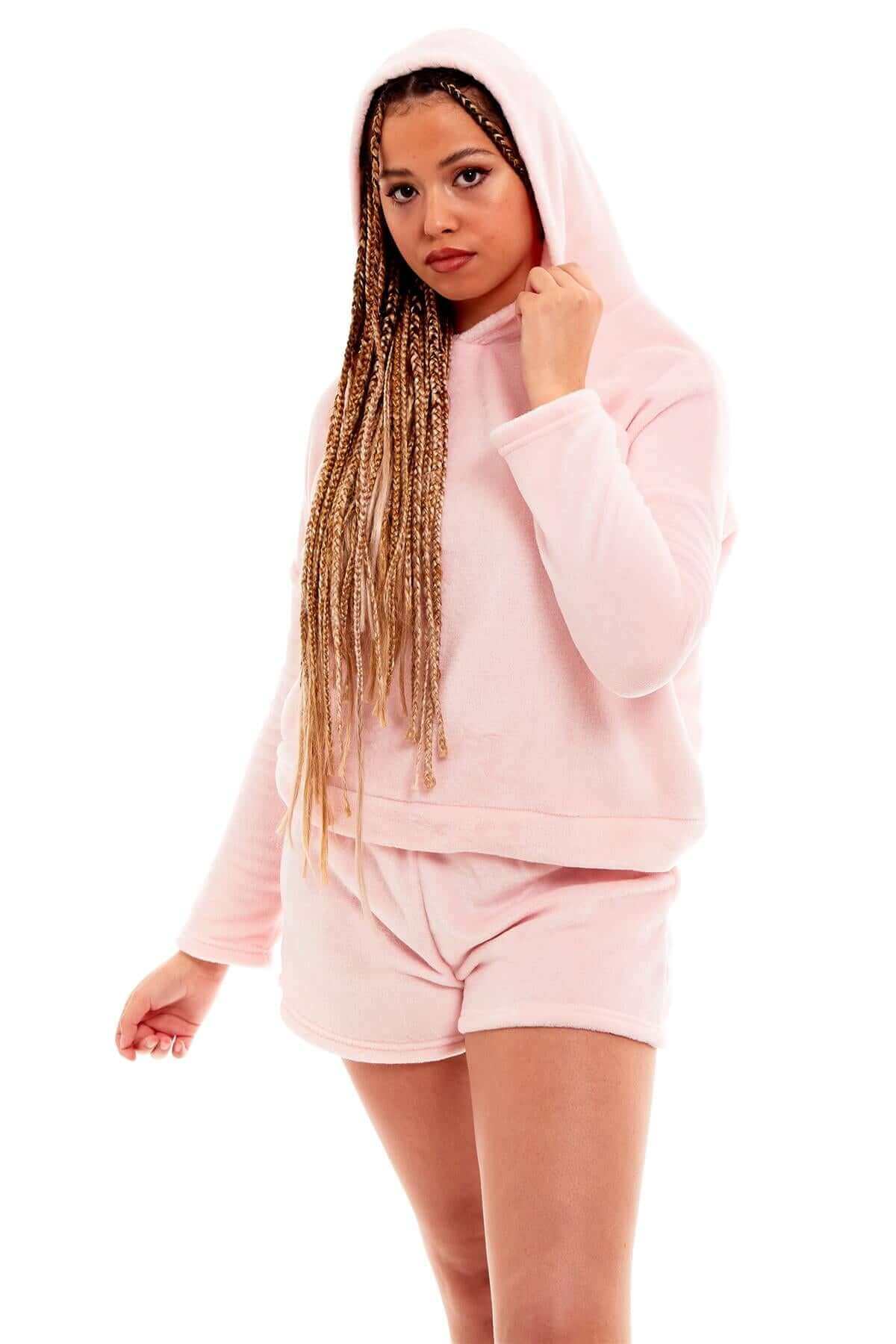 Ultra Soft Women's Fleece Pyjama Set with Hooded Top and Shorts Cozy Loungewear Homewear Available in Pink and Grey All Seasons Daisy Dreamer. Buy now for £15.00.