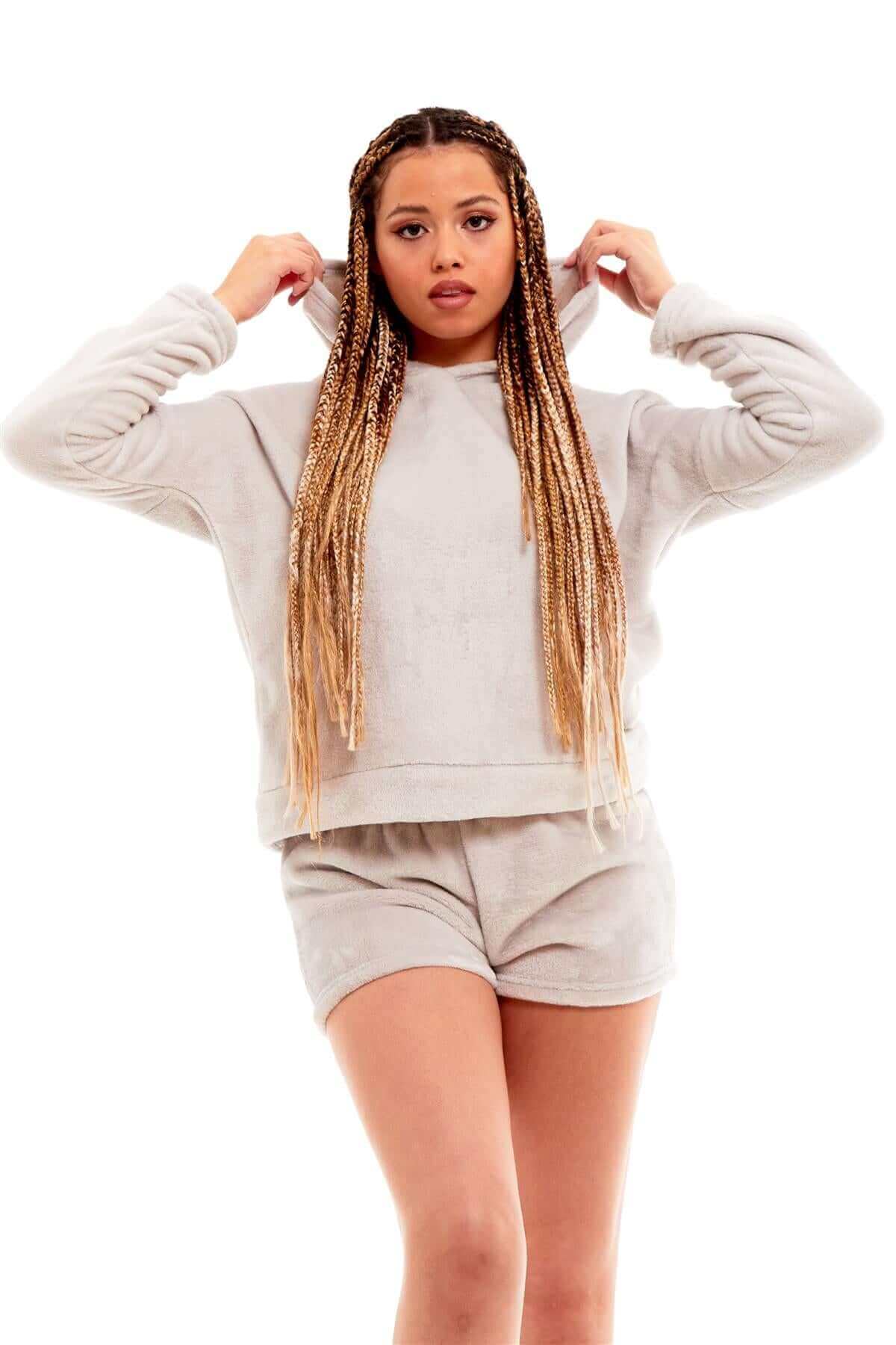 Ultra Soft Women's Fleece Pyjama Set with Hooded Top and Shorts Cozy Loungewear Homewear Available in Pink and Grey All Seasons Daisy Dreamer. Buy now for £15.00.