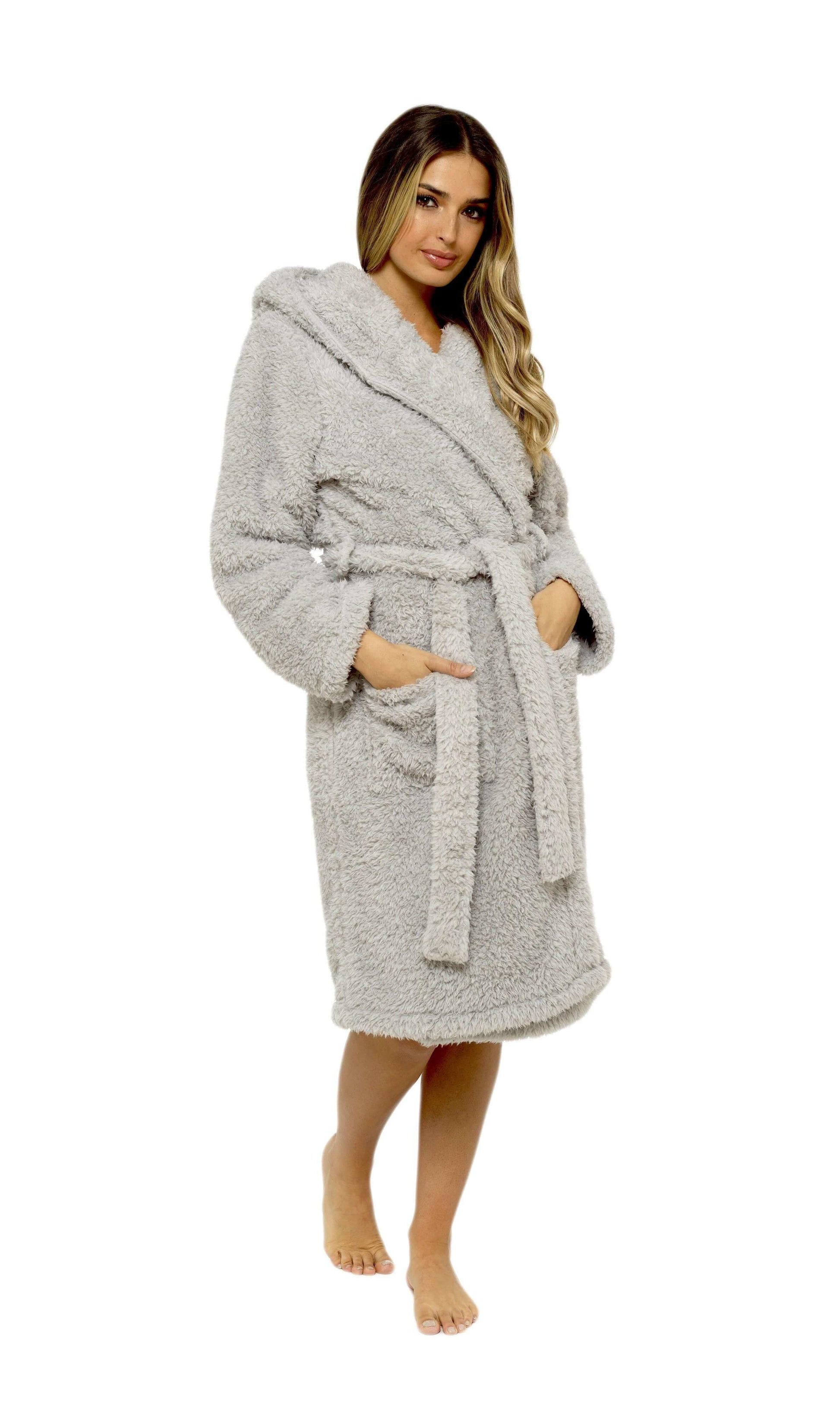 Ultra-Soft Women's Grey Hooded Teddy Fleece Bath Robe Perfect for Lounging and Post-Shower Comfort Available in Sizes Small to X Large by Daisy Dreamer. Buy now for £20.00.