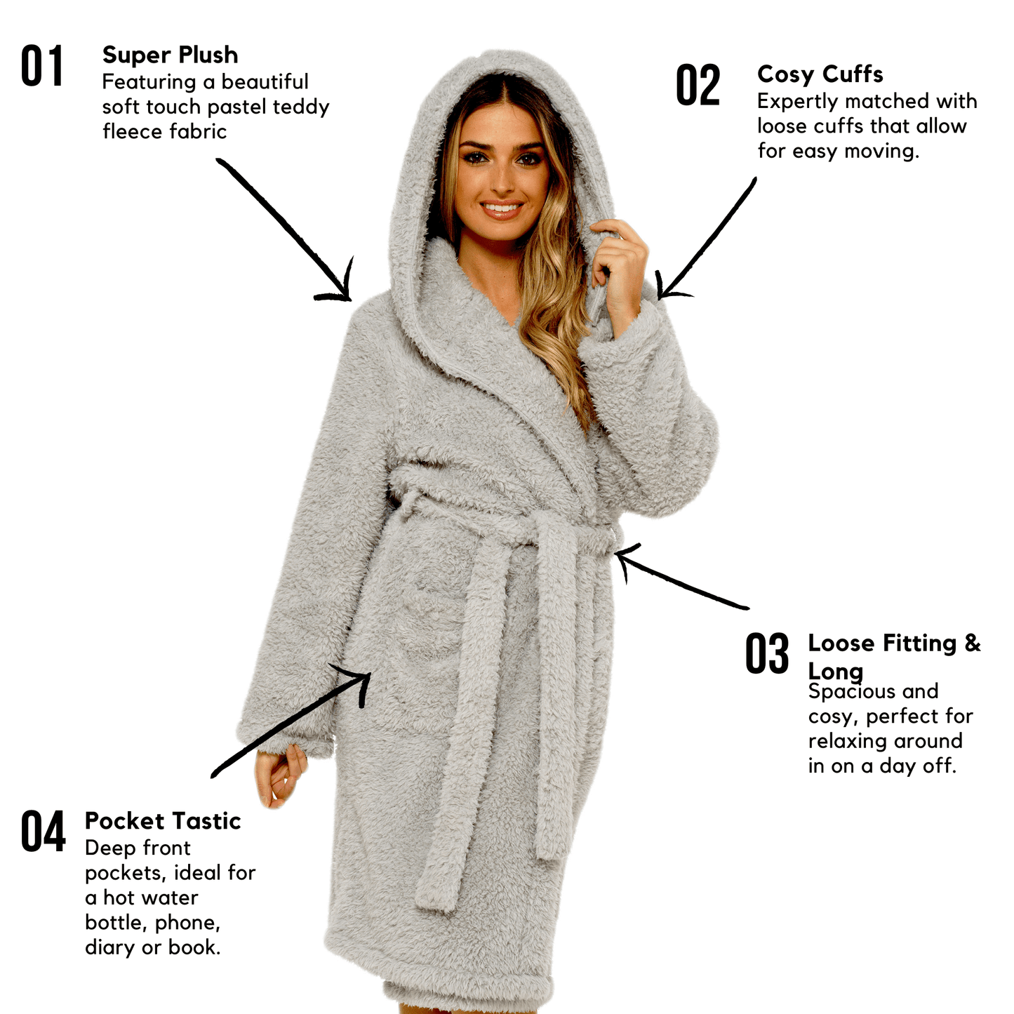 Ultra-Soft Women's Grey Hooded Teddy Fleece Bath Robe Perfect for Lounging and Post-Shower Comfort Available in Sizes Small to X Large by Daisy Dreamer. Buy now for £20.00.