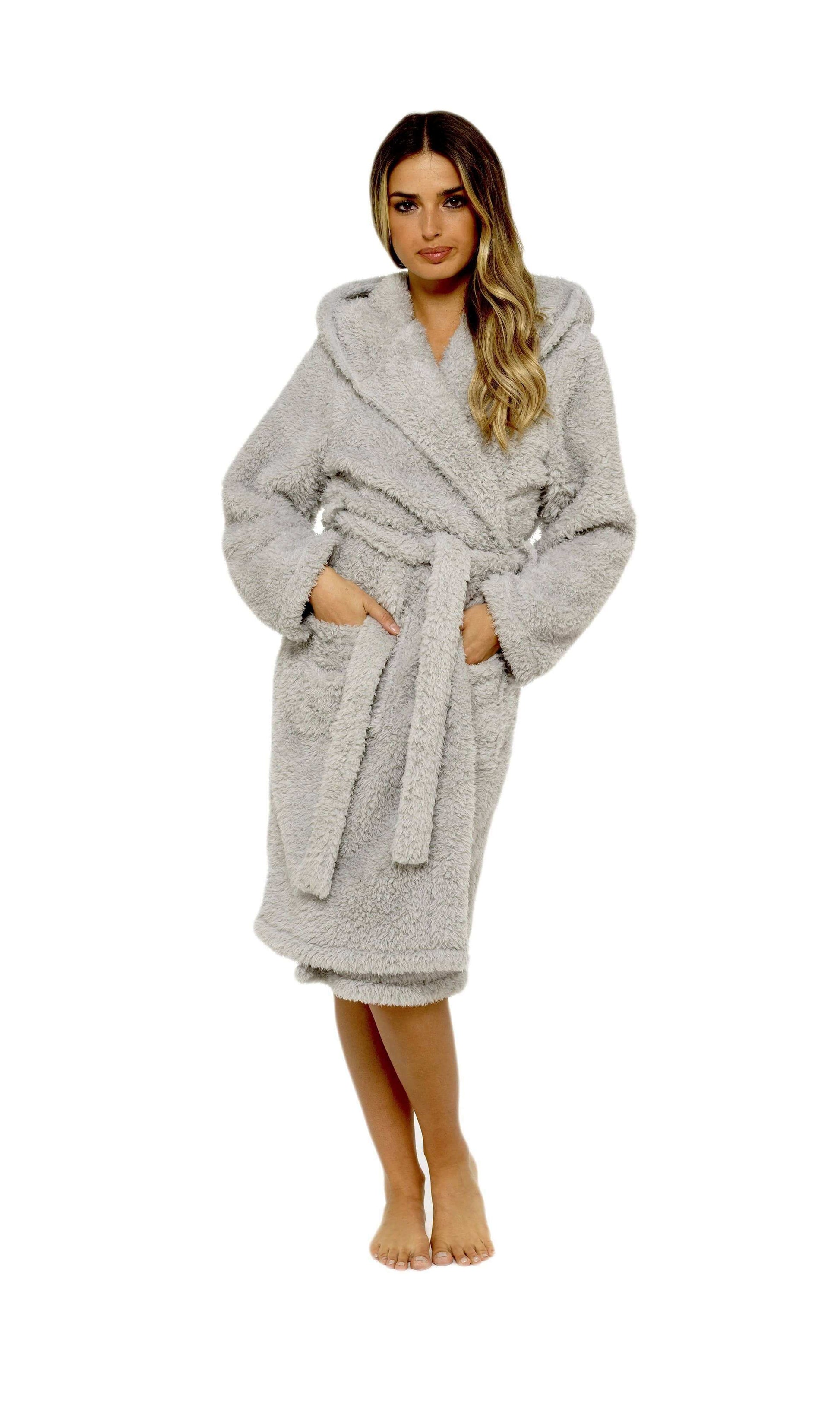Ultra-Soft Women's Grey Hooded Teddy Fleece Bath Robe Perfect for Lounging and Post-Shower Comfort Available in Sizes Small to X Large by Daisy Dreamer. Buy now for £20.00.
