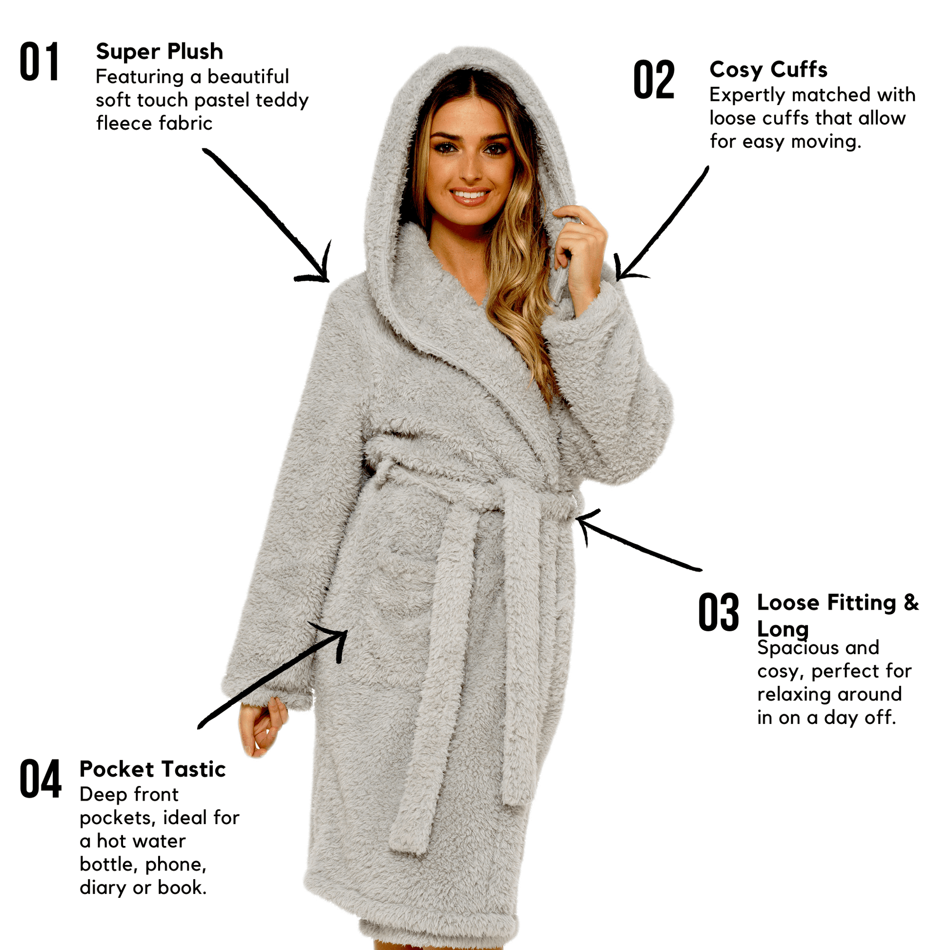 Ultra-Soft Women's Grey Hooded Teddy Fleece Bath Robe Perfect for Lounging and Post-Shower Comfort Available in Sizes Small to X Large by Daisy Dreamer. Buy now for £20.00.