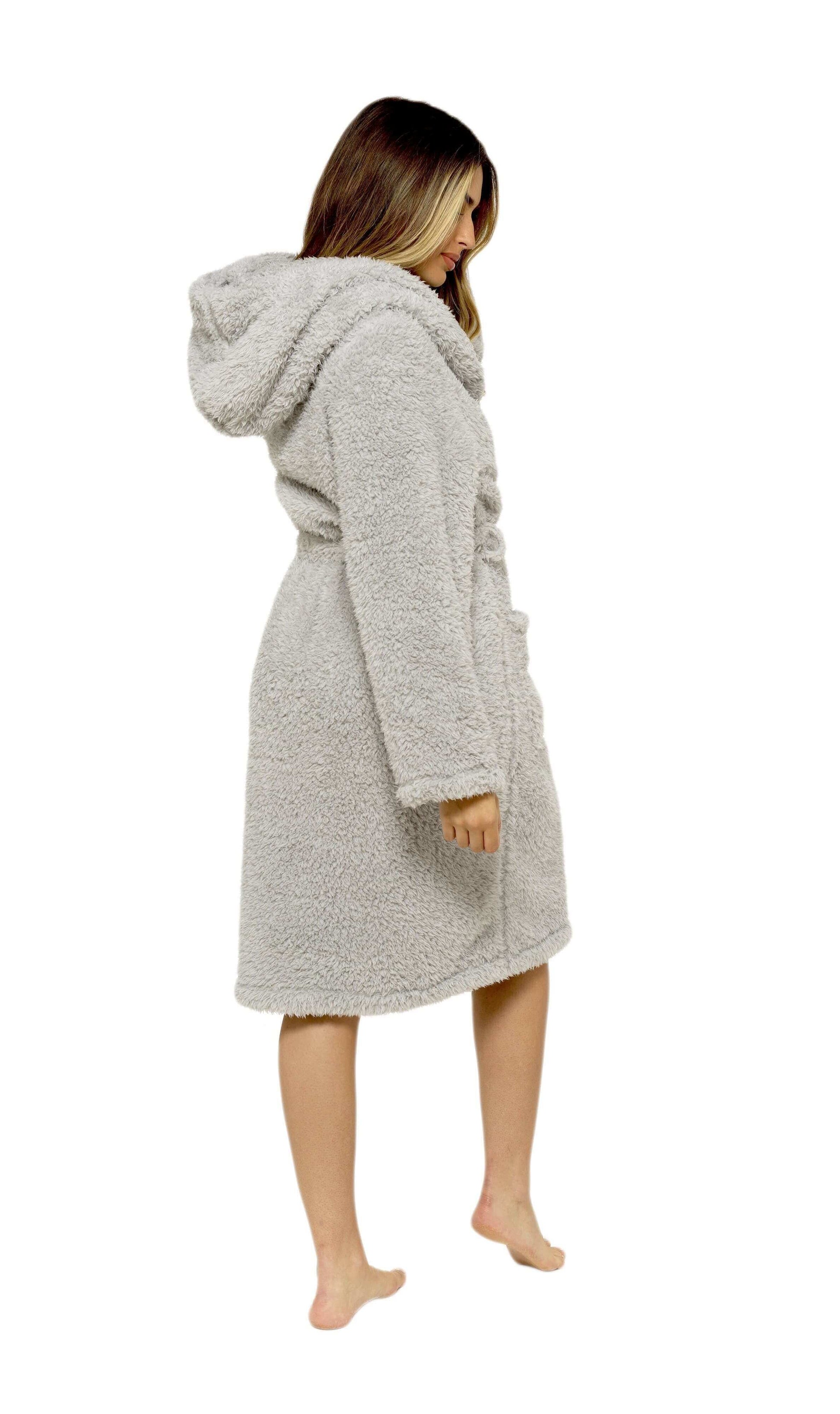 Ultra-Soft Women's Grey Hooded Teddy Fleece Bath Robe Perfect for Lounging and Post-Shower Comfort Available in Sizes Small to X Large by Daisy Dreamer. Buy now for £20.00.