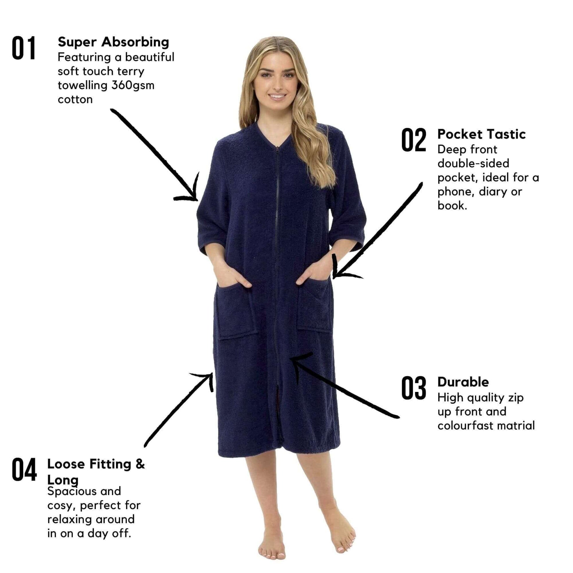 Women's 100 Percent Cotton Terry Towelling Bath Robe Zip Through Ultra Absorbent Soft and Luxurious Dressing Gown Perfect for Post Shower Relaxation by Daisy Dreamer. Buy now for £20.00.