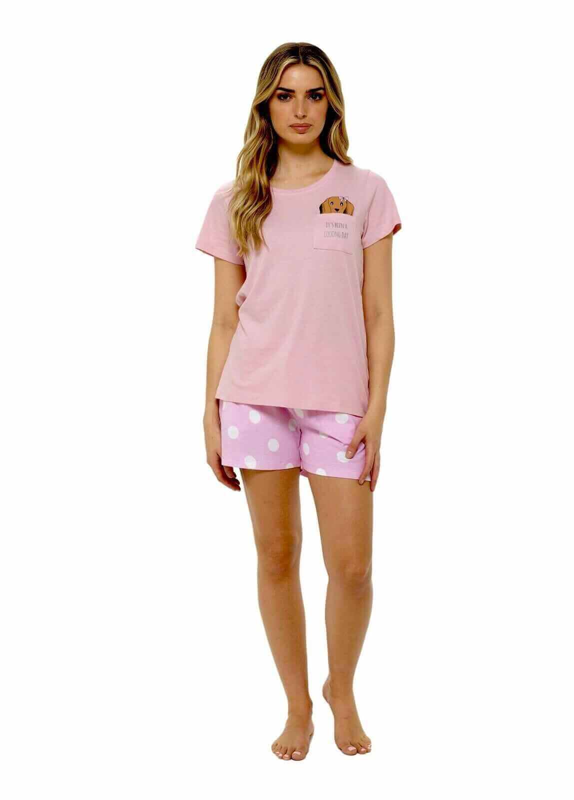 Women's Cotton Sausage Dog Print T Shirt and Shorts Pyjama Set for Summer by Daisy Dreamer Cozy Sleepwear Loungewear Gift for Dog Lovers Multiple Sizes. Buy now for £10.00.