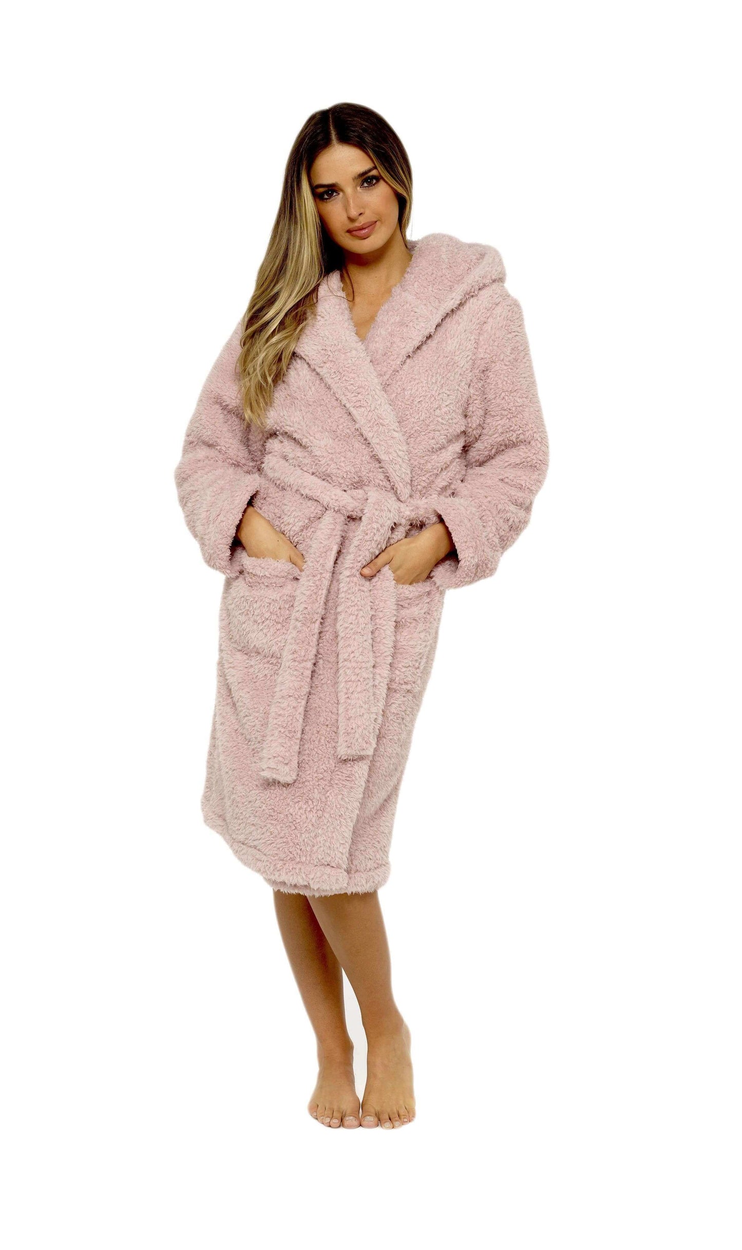 Women's Dusky Pink Teddy Fleece Hooded Robe Ultra Soft Cozy Bathrobe Winter Loungewear Pajamas for Ladies by Daisy Dreamer. Buy now for £20.00.