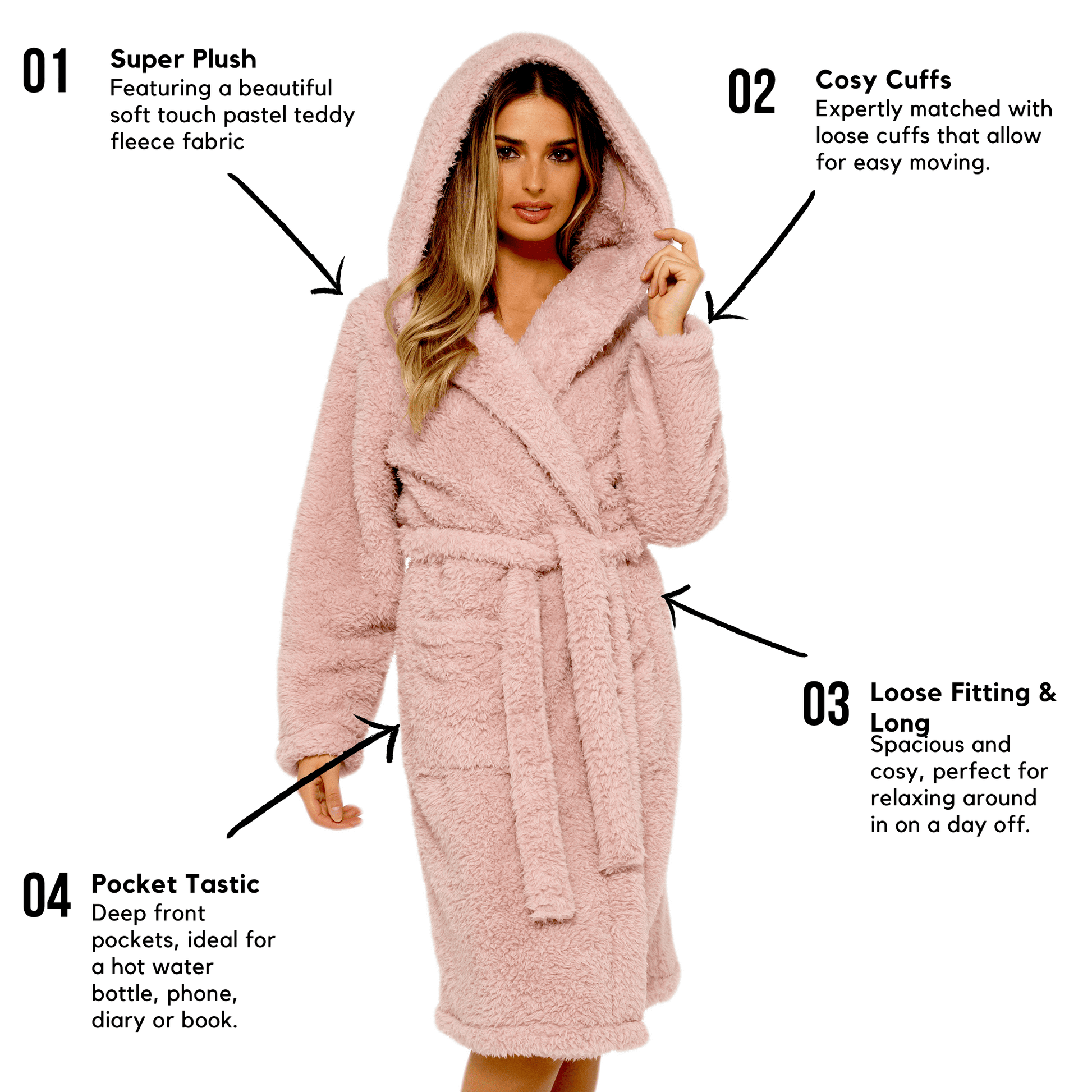 Women's Dusky Pink Teddy Fleece Hooded Robe Ultra Soft Cozy Bathrobe Winter Loungewear Pajamas for Ladies by Daisy Dreamer. Buy now for £20.00.