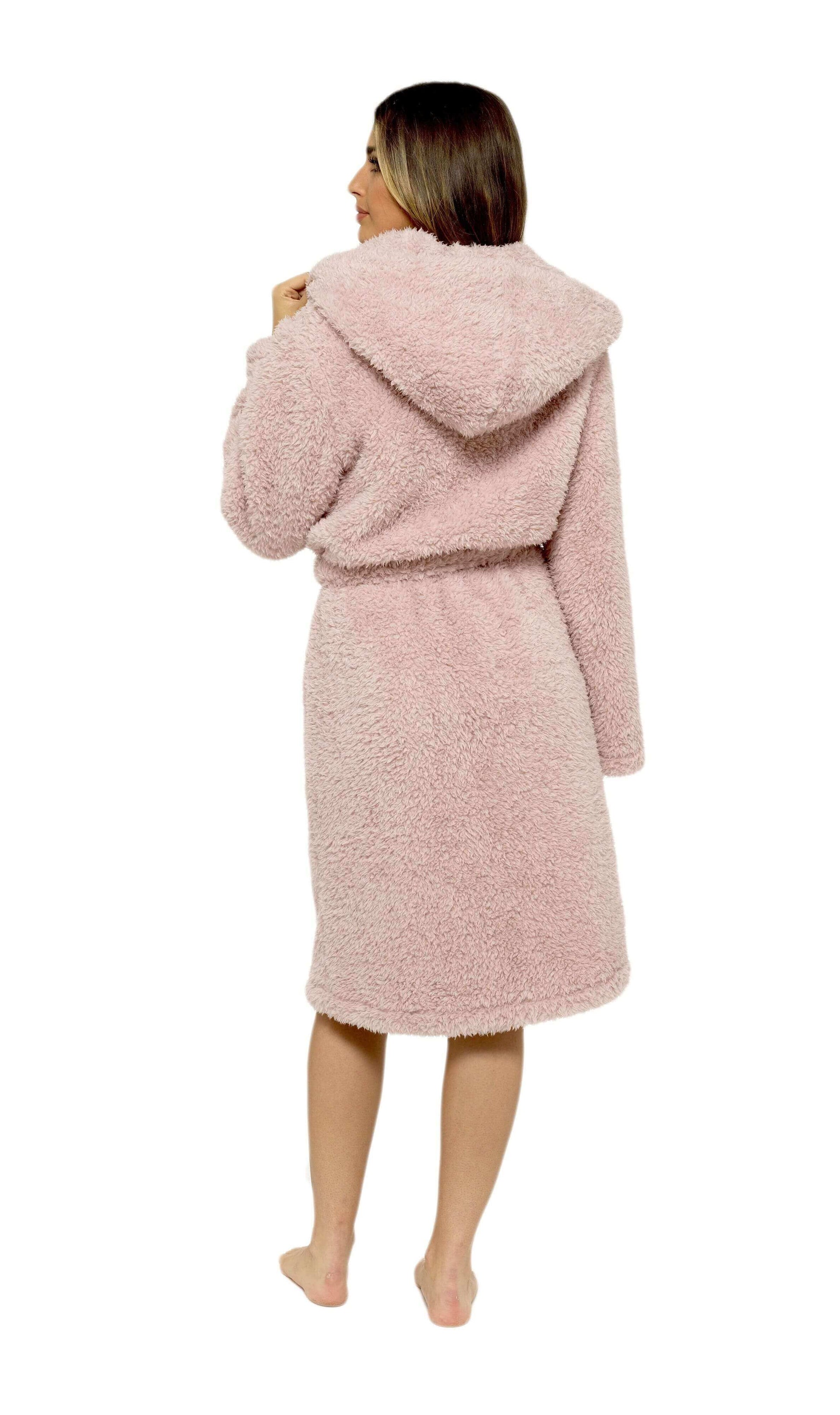 Women's Dusky Pink Teddy Fleece Hooded Robe Ultra Soft Cozy Bathrobe Winter Loungewear Pajamas for Ladies by Daisy Dreamer. Buy now for £20.00.