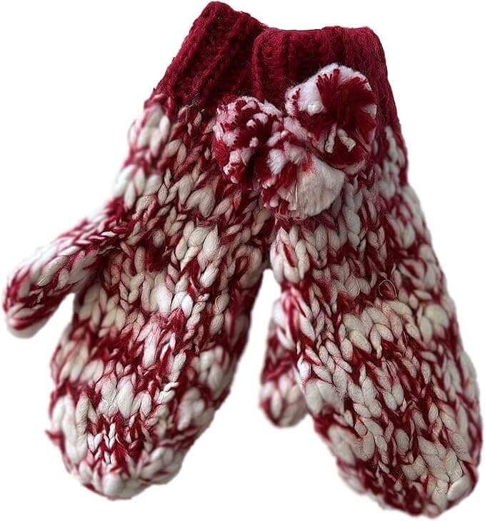 Women's Hand Knitted Daisy Pattern Winter Hat Headband Mittens Set with Pom Pom in Red Green Pink for Outdoor Activities and Holiday Gifts by Sock Stack. Buy now for £8.00.