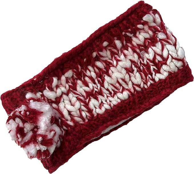 Women's Hand Knitted Daisy Pattern Winter Hat Headband Mittens Set with Pom Pom in Red Green Pink for Outdoor Activities and Holiday Gifts by Sock Stack. Buy now for £8.00.