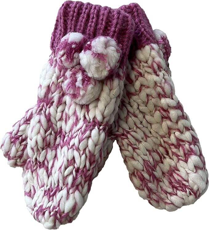 Women's Hand Knitted Daisy Pattern Winter Hat Headband Mittens Set with Pom Pom in Red Green Pink for Outdoor Activities and Holiday Gifts by Sock Stack. Buy now for £8.00.