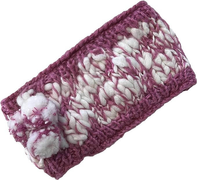 Women's Hand Knitted Daisy Pattern Winter Hat Headband Mittens Set with Pom Pom in Red Green Pink for Outdoor Activities and Holiday Gifts by Sock Stack. Buy now for £8.00.