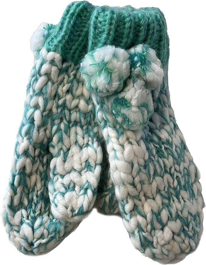 Women's Hand Knitted Daisy Pattern Winter Hat Headband Mittens Set with Pom Pom in Red Green Pink for Outdoor Activities and Holiday Gifts by Sock Stack. Buy now for £8.00.