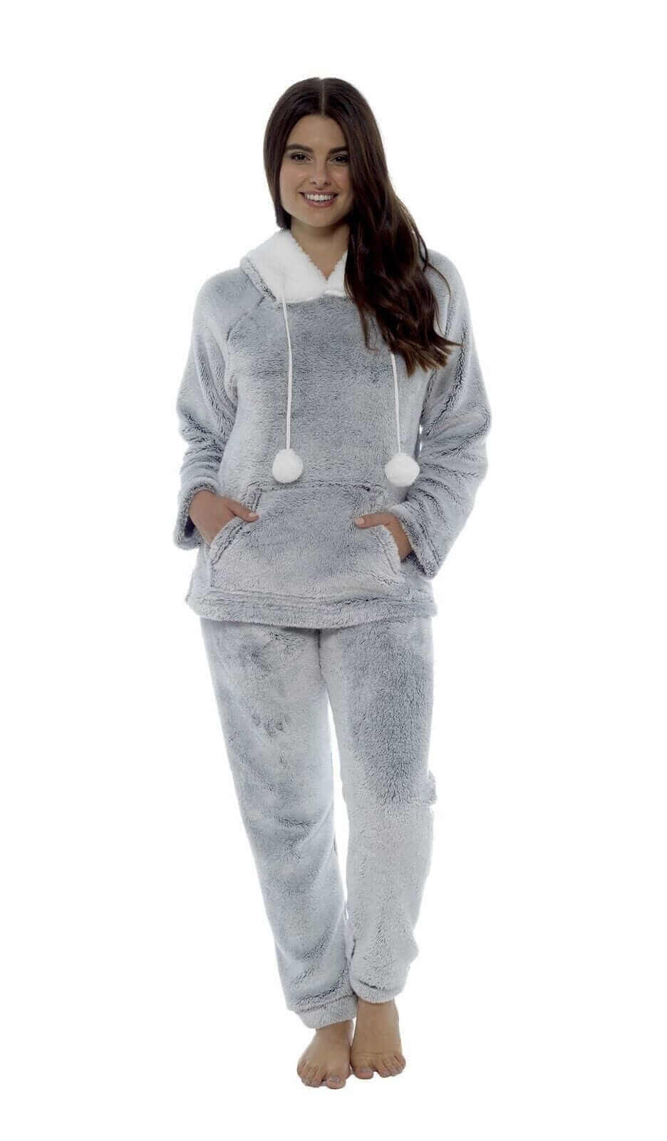 Women's Plush Fleece Hooded Pyjama Set Shimmer Grey Super Soft Fabric Elasticated Waistband Sherpa Edging Cozy Sleepwear Small to X Large by Daisy Dreamer. Buy now for £25.00.