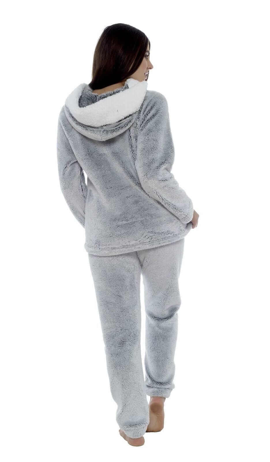 Women's Plush Fleece Hooded Pyjama Set Shimmer Grey Super Soft Fabric Elasticated Waistband Sherpa Edging Cozy Sleepwear Small to X Large by Daisy Dreamer. Buy now for £25.00.