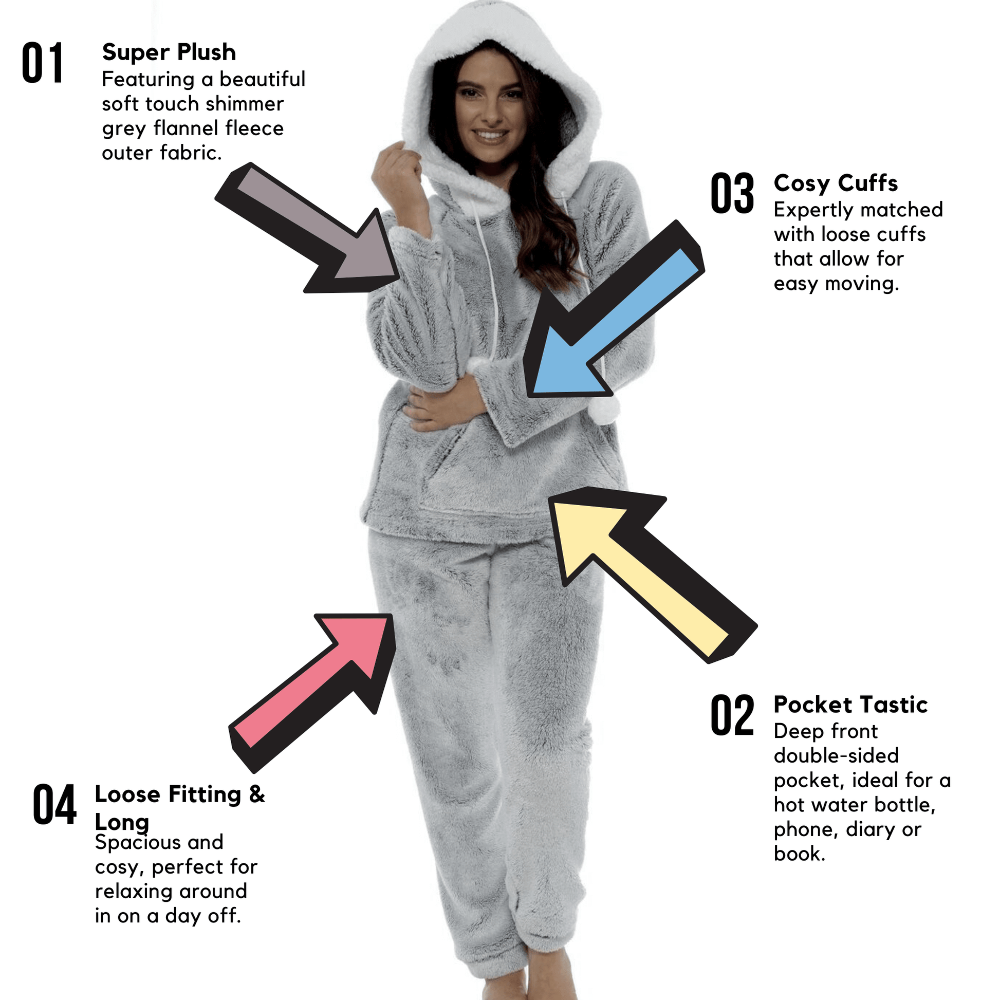 Women's Plush Fleece Hooded Pyjama Set Shimmer Grey Super Soft Fabric Elasticated Waistband Sherpa Edging Cozy Sleepwear Small to X Large by Daisy Dreamer. Buy now for £25.00.
