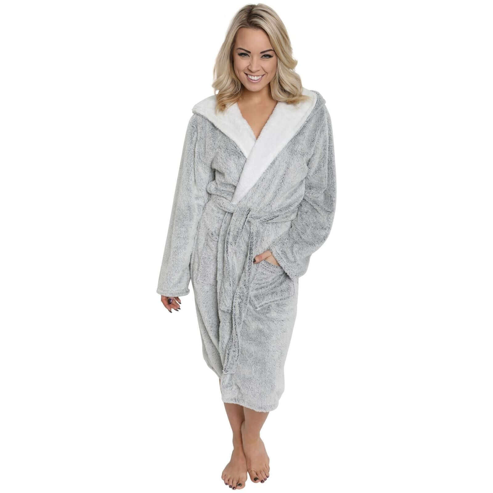 Women's Shimmer Grey Fleece Hooded Bathrobe Ultra-Soft Sherpa Lining Cozy Long Loungewear Luxurious Warm Plush Dressing Gown by Daisy Dreamer for Winter. Buy now for £20.00.