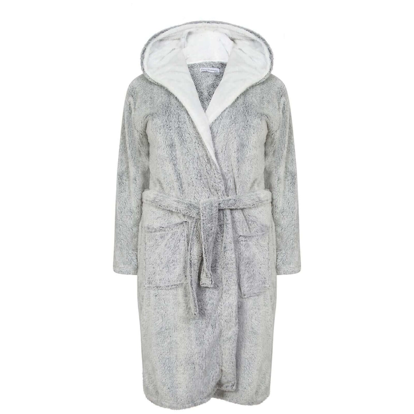 Women's Shimmer Grey Fleece Hooded Bathrobe Ultra-Soft Sherpa Lining Cozy Long Loungewear Luxurious Warm Plush Dressing Gown by Daisy Dreamer for Winter. Buy now for £20.00.