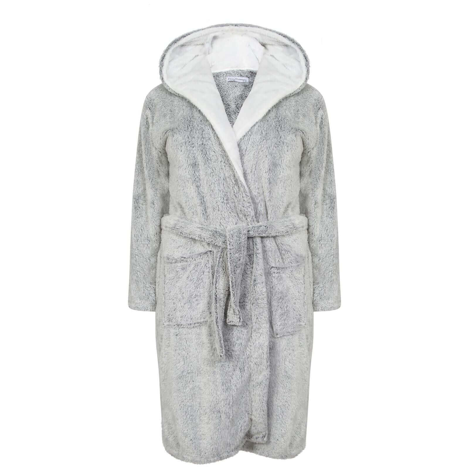 Women's Shimmer Grey Fleece Hooded Bathrobe Ultra-Soft Sherpa Lining Cozy Long Loungewear Luxurious Warm Plush Dressing Gown by Daisy Dreamer for Winter. Buy now for £20.00.
