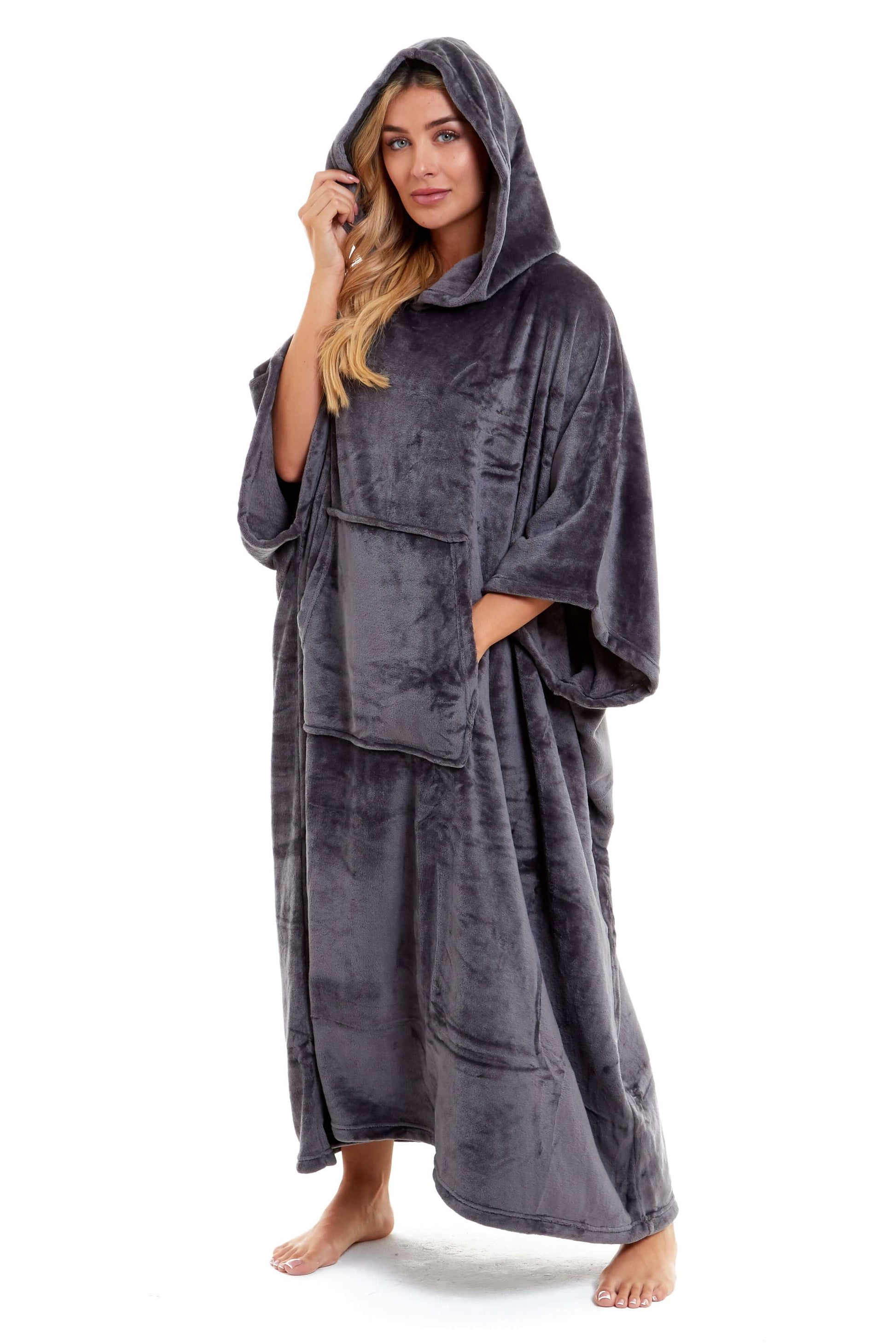 Women's Super Soft Oversized Hooded Poncho Blanket Navy Charcoal Flannel Fleece Cozy Loungewear Nightwear Warm Hoodie One Size Fits Most Adults by Daisy Dreamer. Buy now for £20.00.