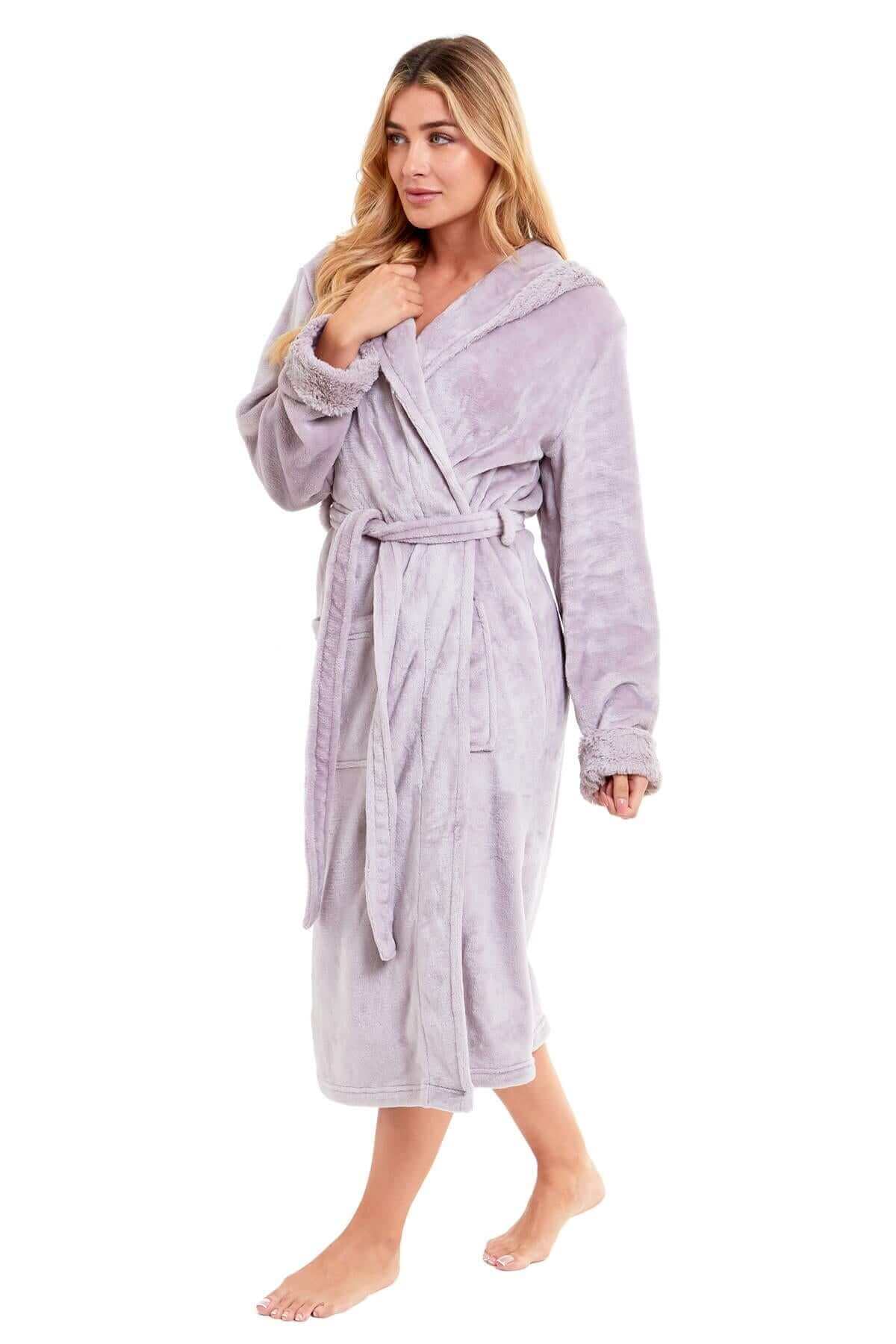 Women's Super Soft Plush Fleece Faux Fur Hooded Robe Luxurious Loungewear Bathrobe for Spa Hotel Home Pink Grey Sizes S-XL by Daisy Dreamer. Buy now for £20.00.