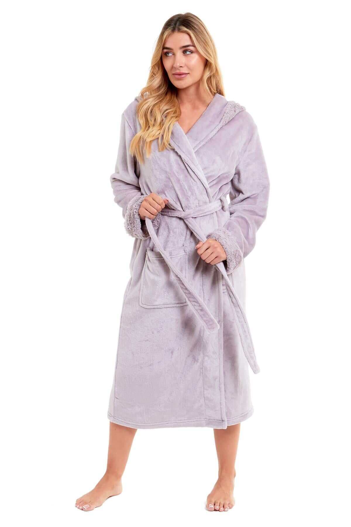 Women's Super Soft Plush Fleece Faux Fur Hooded Robe Luxurious Loungewear Bathrobe for Spa Hotel Home Pink Grey Sizes S-XL by Daisy Dreamer. Buy now for £20.00.