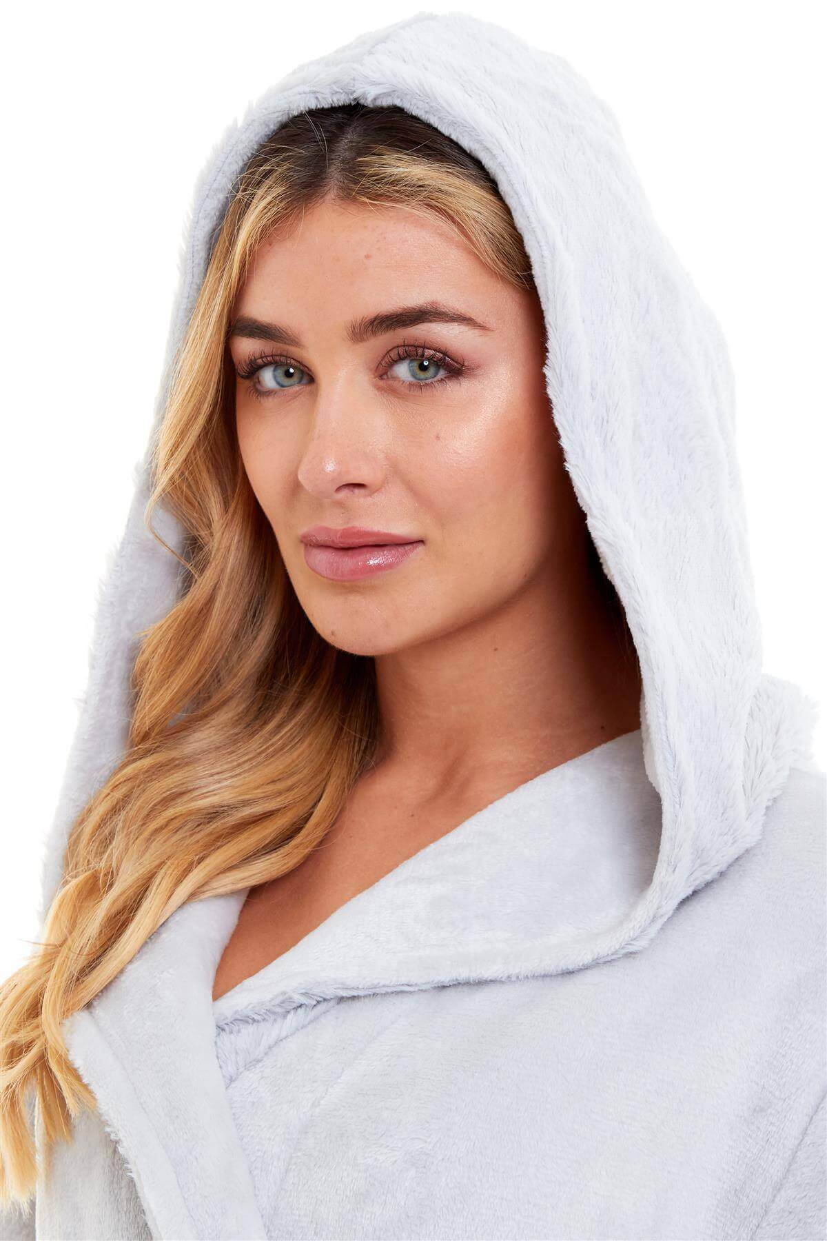 Women's Super Soft Plush Fleece Faux Fur Hooded Robe Luxurious Loungewear Bathrobe for Spa Hotel Home Pink Grey Sizes S-XL by Daisy Dreamer. Buy now for £20.00.