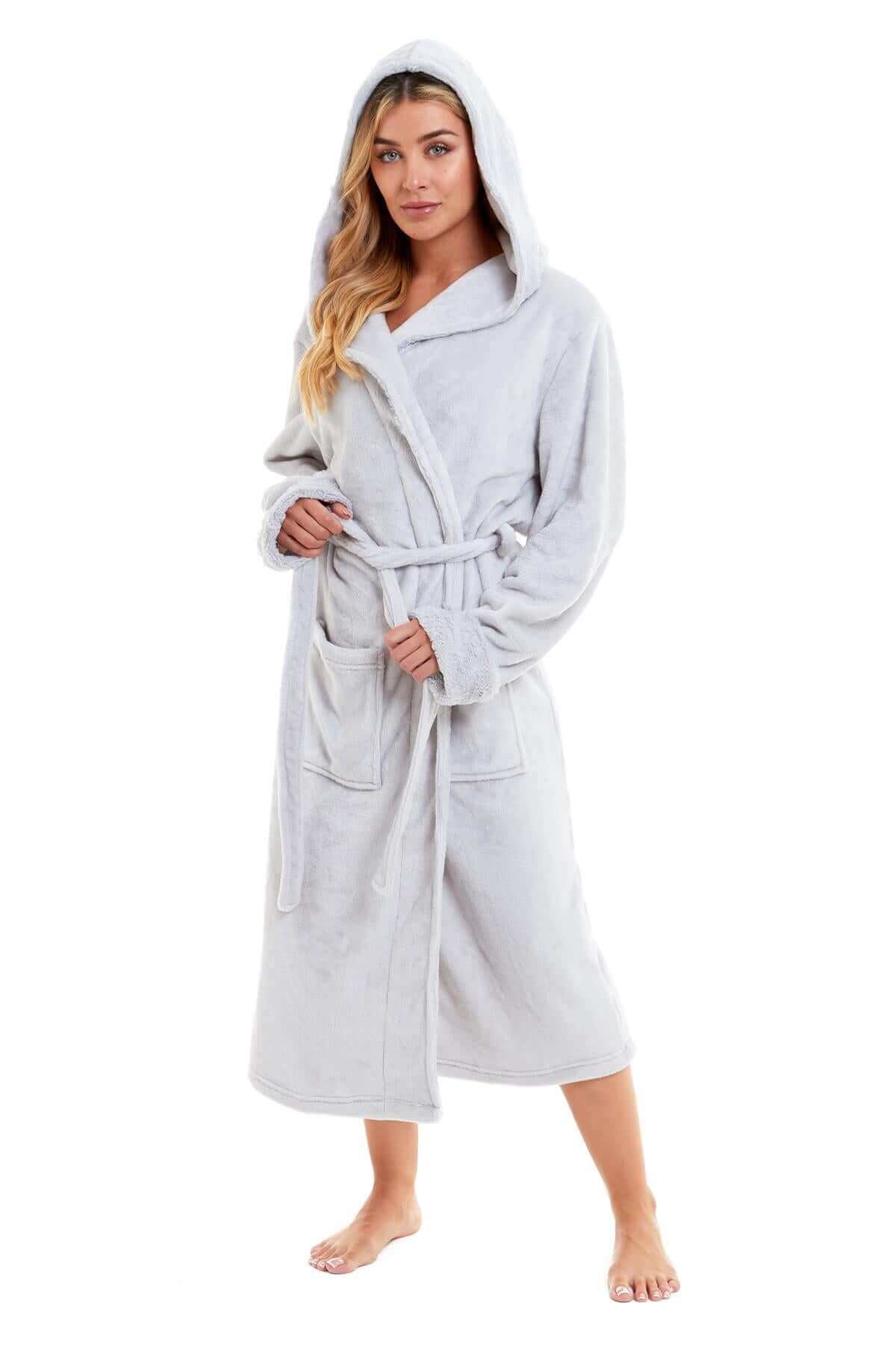 Women's Super Soft Plush Fleece Faux Fur Hooded Robe Luxurious Loungewear Bathrobe for Spa Hotel Home Pink Grey Sizes S-XL by Daisy Dreamer. Buy now for £20.00.