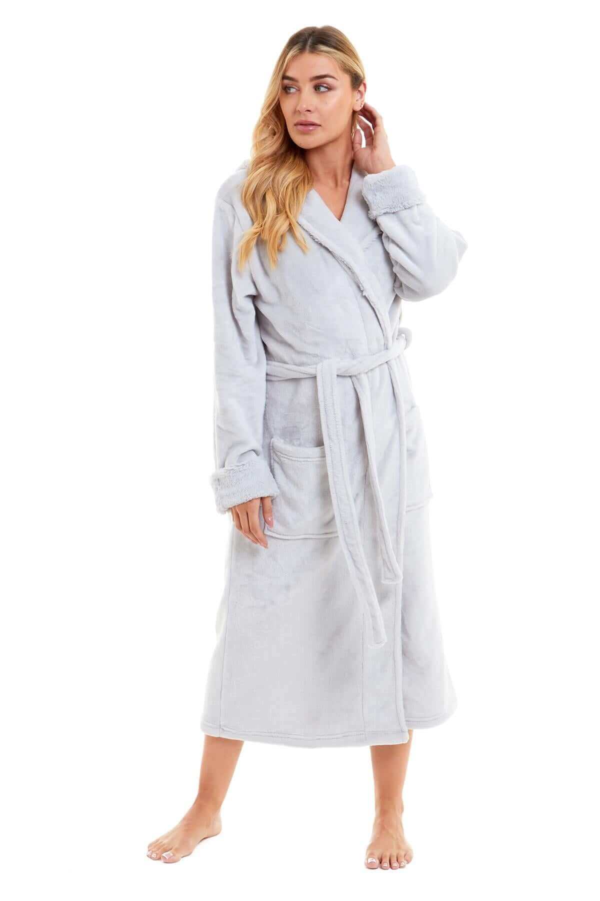 Women's Super Soft Plush Fleece Faux Fur Hooded Robe Luxurious Loungewear Bathrobe for Spa Hotel Home Pink Grey Sizes S-XL by Daisy Dreamer. Buy now for £20.00.