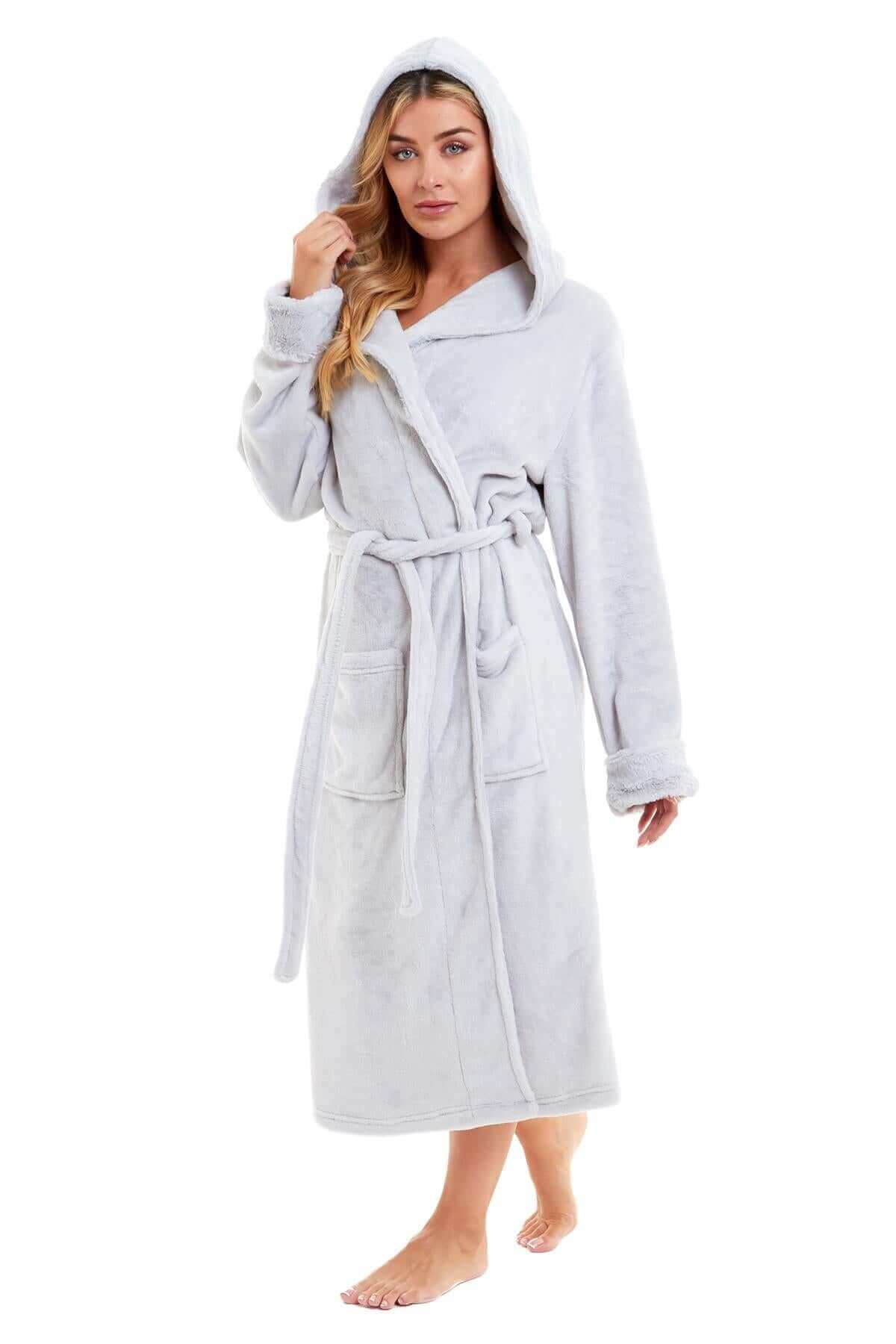 Women's Super Soft Plush Fleece Faux Fur Hooded Robe Luxurious Loungewear Bathrobe for Spa Hotel Home Pink Grey Sizes S-XL by Daisy Dreamer. Buy now for £20.00.