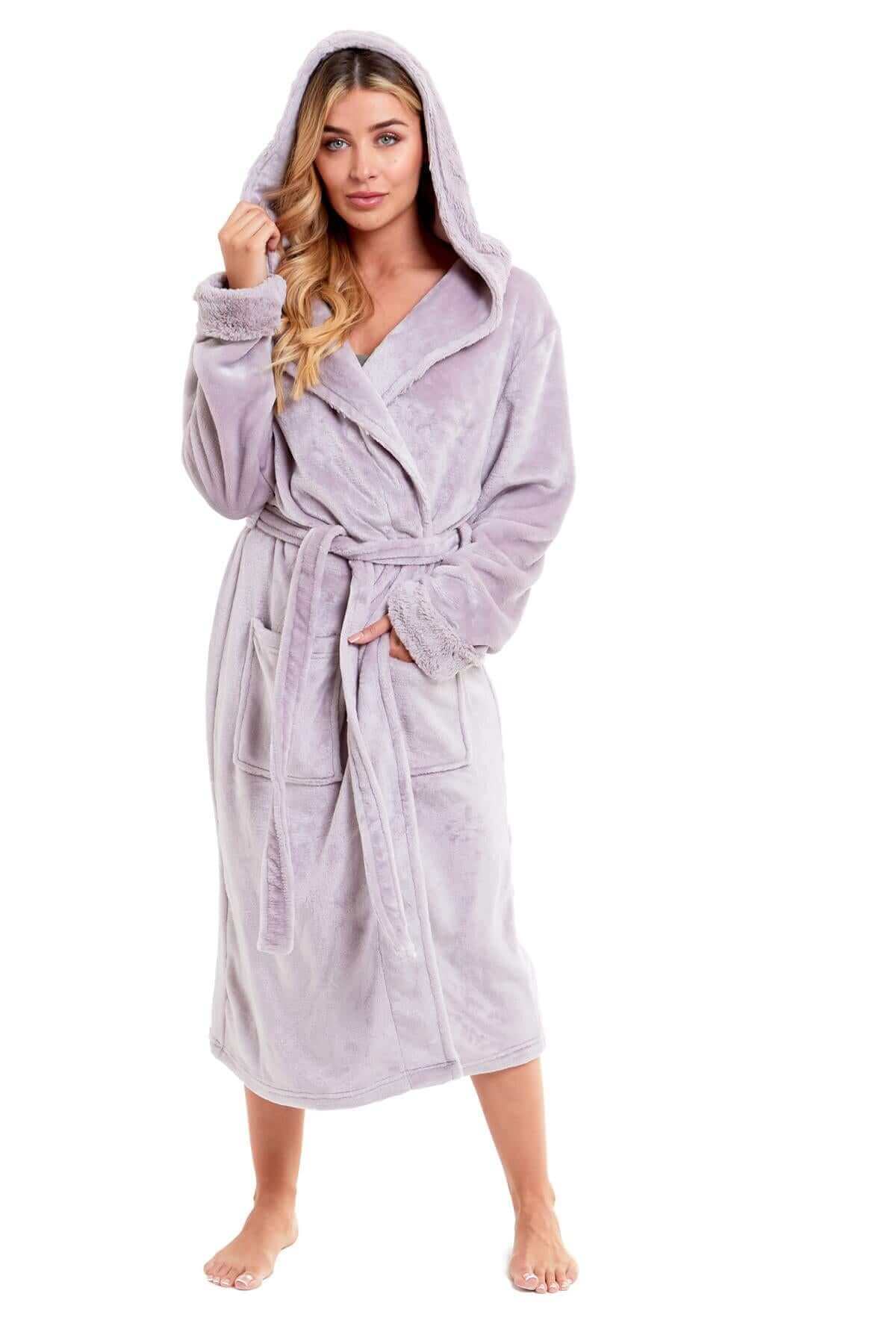 Women's Super Soft Plush Fleece Faux Fur Hooded Robe Luxurious Loungewear Bathrobe for Spa Hotel Home Pink Grey Sizes S-XL by Daisy Dreamer. Buy now for £20.00.